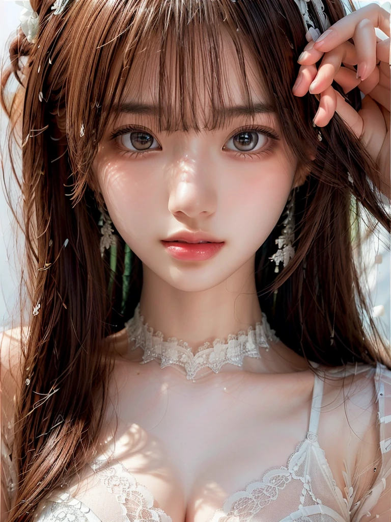 8k,Confused, High resolution, Very detailed, 1 girl, alone, Very beautiful eyes, Ultra-precise depiction, artistic、Very detailed depiction, (Tangled:1.2), , (White high key background:1.5), (((White lace bra 1.5))), 、 、Earrings、Brown Hair, (Glowing Skin), , , (Shooting from above:1.2),、Flat Body、slim、cute、、、Smile 1.3、(((Mid-shot photo 1.5)))、(((Intermediate photo 1.5)))High key portrait 1.5