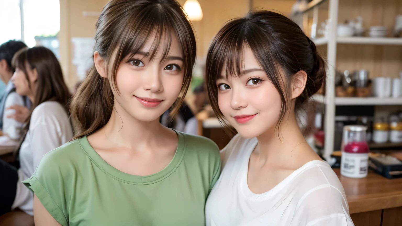 super high quality, smile, Slenderのネックレス, Slender, The staff is working at the counter in the back., (8k、RAW Photos、Highest quality、masterpiece:1.2), Japanese Idol, (Realistic、Photorealistic:1.37), Urban Cafe, Golden Ratio, Raw photo, Light Brown Hair, Small breasts, Bright cafe interior, Blurred Background, Summer clothes, Cafe Terrace, Open Cafe, Photographed inside the cafe, Pretty face, Hair blowing in the wind, Neat clothes, ponytail, T-Shirts, Very Short Hair, 18-year-old,