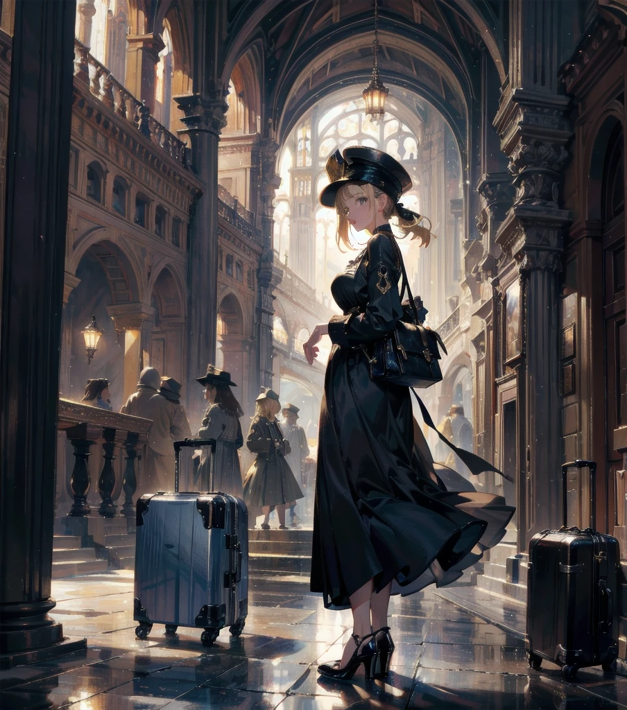 absurdres, RAW photo, extremely delicate and beautiful, masterpiece, Best Quality, ultra high resolution, 32k, hyperrealistic, ultra-detailed, Very detailed CG 8k wallpaper, detailed background, landscape, Beautiful Lighting, Perfect Lightning, Realistic Shadows, perfect ???????, anatomically correct, perfect figure, Perfect Style, Perfect balance, super Detailed skin, in her 30s, very Slim body, narrow waist, very small head, very small face, delicate facial features, handsome detailed woman, very detailed eyes and face, realistic face proportions, Realistic beautiful face, Realistic beautiful eyes, tearful mole, earring, whole body shot, very huge round tits, medium hair, asymmetrical hair, outdoor, blonde hair, fur trim, black headwear, dress, luggage, station platform,