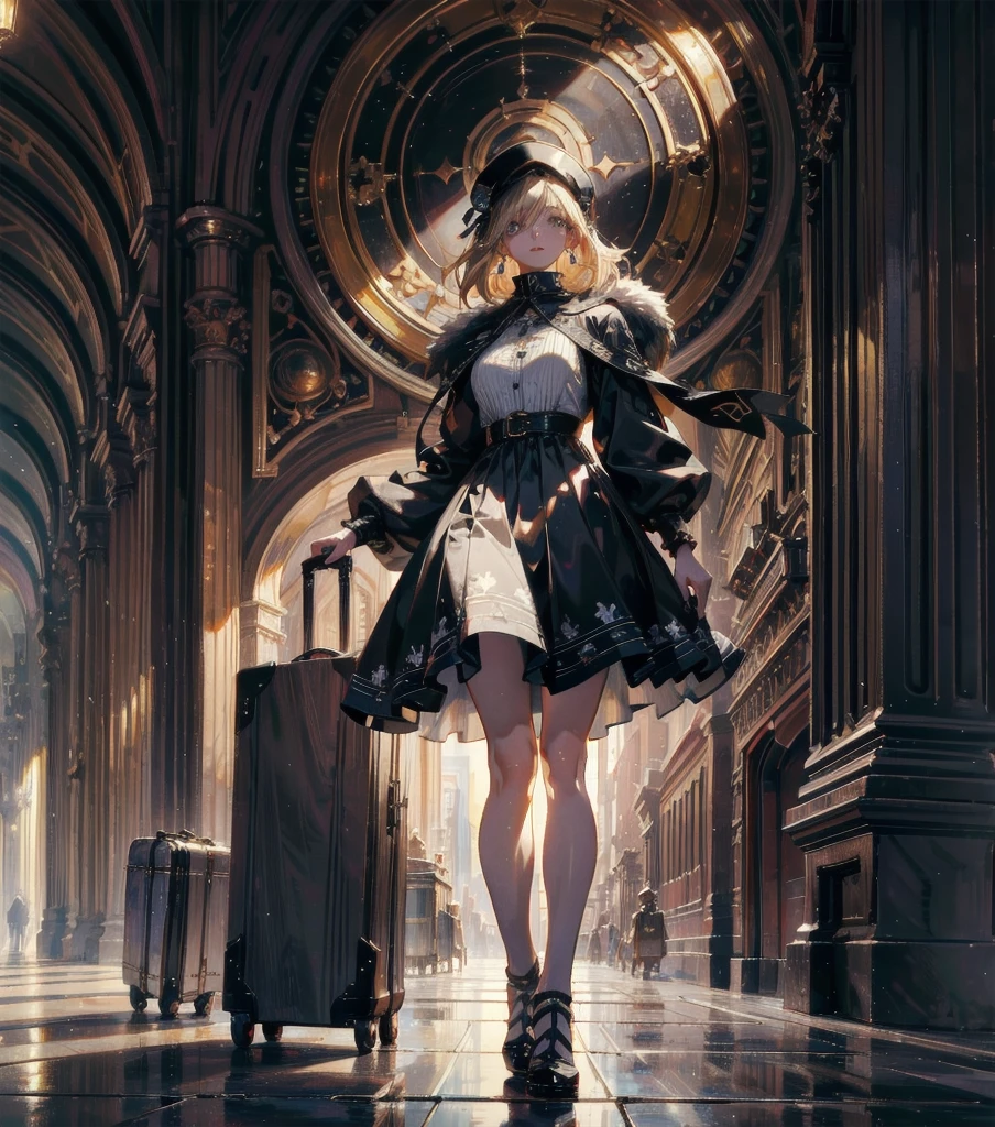 absurdres, RAW photo, extremely delicate and beautiful, masterpiece, Best Quality, ultra high resolution, 32k, hyperrealistic, ultra-detailed, Very detailed CG 8k wallpaper, detailed background, landscape, Beautiful Lighting, Perfect Lightning, Realistic Shadows, perfect anatomy, anatomically correct, perfect figure, Perfect Style, Perfect balance, super Detailed skin, in her 30s, very Slim body, narrow waist, very small head, very small face, delicate facial features, handsome detailed woman, very detailed eyes and face, realistic face proportions, Realistic beautiful face, Realistic beautiful eyes, tearful mole, earring, whole body shot, very huge round tits, medium hair, asymmetrical hair, outdoor, blonde hair, fur trim, black headwear, dress, luggage, station platform,