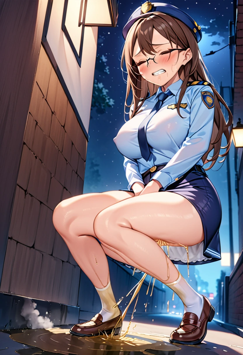 NSFW, (masterpiece, top quality, best quality, highly detailed:1.6), extremely detailed CG unity 8k wallpaper, (at midnight:2.5), night, at dawn, (full body), wide shot, long shot, (woman, outdoor, police uniform:1.4), (Woman standing in a dark alley:1.5), (light blue Shirt, long pencil Skirt:1.5), (glasses:1.5), socks, shoes, (long hair, dark brown hair:1.5), (Open your knees, Lift up the hem of the skirt with both hands:3),(skirt lift:2), (((Show your panty))), (crotch, pussy, urethra, sexy panties), (Peeing with panties on, Pee stains spreading on panties, pee running down legs:2), (standing:2), (((Lift up the skirt high, Peeing with panty on))), Pee excreted with force, Urine that is discharged from the urethra in a parabolic arc, strong facial expression, (sharp eye:1.2), (scowl:1.1), (embarrassed,blush:1.3), (steam:2), (Wet:1.1), (sweat:1.1), (trembling:1.3), (open mouth, wavy mouth:1.4), (clenched teeth:1.7), (closed eyes:1.5), (feeling weak:1.5), (bravery crying, sobbing:1.5), (shoot from front, looking at viewer:1.2),(woman trembling with sexual climax:1.5), colorful, perfect composition, urination, incontinence, piss, peeing self, A lot of pee, having an accident, pee running down legs, panties around one leg, (((pee stream))), (pee puddle), wetting herself, pee stain, peeing, blush, trembling, embarrassed, large breasts, Yellow pee, ((leaking pee)), Shaking one's shoulders, Breaking a sweat on forehead, puddle of pee, Pee at your feet, Pee spread on the floor, Pee stains, Dripping pee between my legs, Feet wet from pee, Pee-covered feet, Pee at your feet, want to pee, about to pee, Full bladder, Pee-soaked skirt, Pee-soaked shoes, natural makeup,