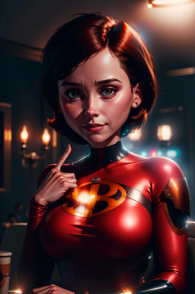 solo,absurdres , (intricate details), (colorful),cinematic lighting,bust shot,extremely detailed CG unity 8k wallpaper,masterpiece, absurdres, 1girl, 1girl, solo, short hair, brown hair, brown eyes, superhero, erotic pose,solo, 
smile, looking at viewer, sitting,(nice hands, 5 fingers:1.3),(perfect composition:1.4),detailed face and body, detailed face,backlight, intense gaze, cinematic lighting, art by Grzegorz Rutkowski, embers,2heads, two heads