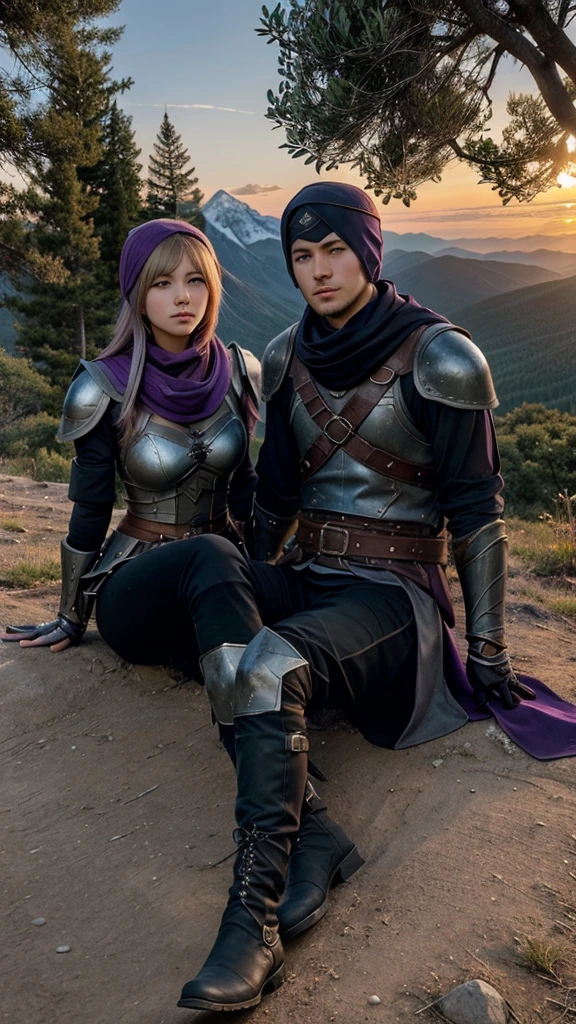 1girl, 1boy, (best quality, beruka, gauntlets), armor, purple scarf, black gloves, pants, boots, bandana on the head, sitting, in front, trees, mountain, beautiful scenery in the background, soft sunset, subtle reflections on the ground.