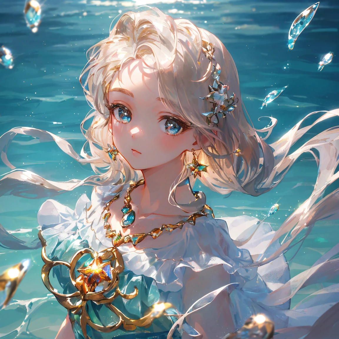 1 girl masterpiece, highest quality, shape, brown topaz eyes and hair, platinum earrings, platinum necklace, Sea, The Little Mermaid, cute, (dynamic lighting:1.2), cinematic lighting, delicate features, fine eyes, sharp pupils, realistic student, written boundary depth, Bokeh, sharp focus, (very detailed, bloom, shine:1.4), lots of little gems
