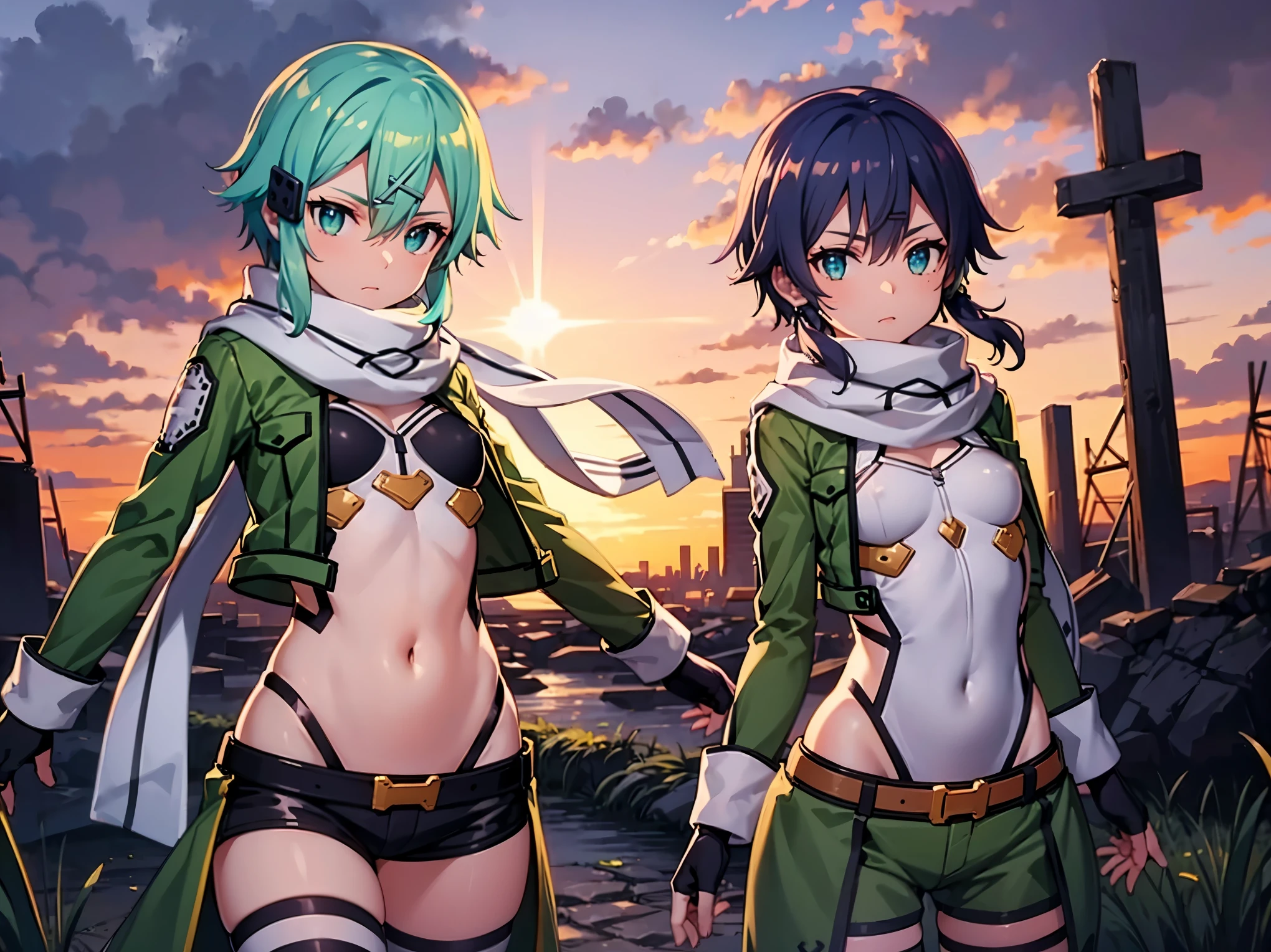 (masterpiece), best quality, expressive eyes, perfect face, highres, sinon1, scarf, fingerless gloves, long sleeves, short shorts,groin, hair ornament, hairclip, green thighhighs, green jacket,covered_nipples, thigh strap, field, sunset_ruins_landscape_background, ruined structures, dynamic_posing, looking at the viewer, covered_navel,