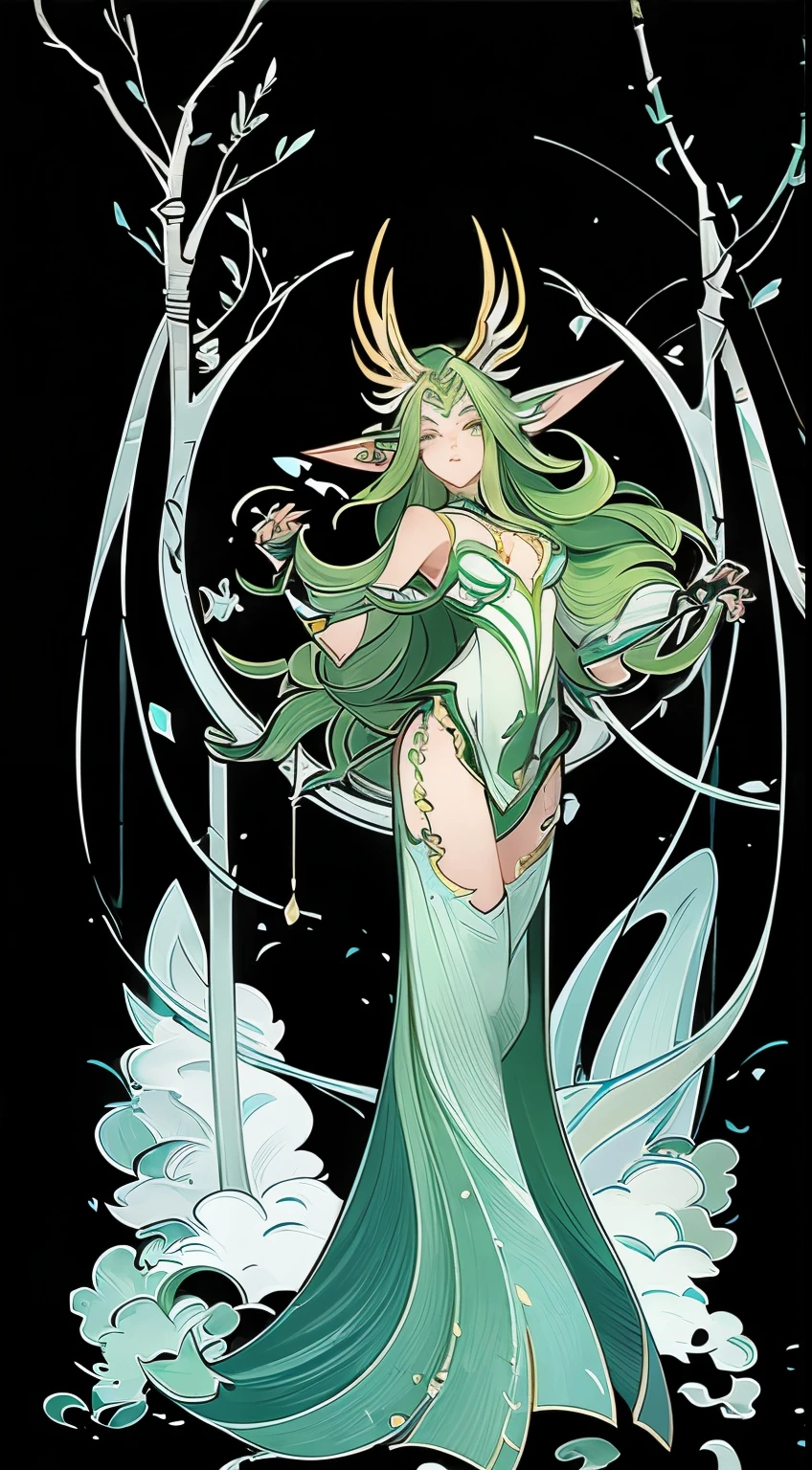 masterpiece, Green hair standing in the room、Cuckold Girl, Ink Art, Style Art, Elf Girl, Murata、artgerm series, very warm, Weiwei, Art style, League of Legends style, Ruan Jia and Artgerm, Art Jem Style, ! Dream Art