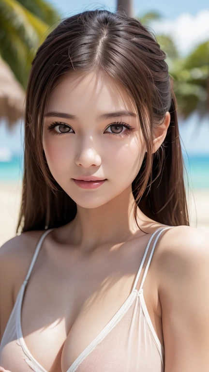 One Girl, (Beautiful girl, Delicate girl:1.3), (21 years old:1.3),
break, Browsing Caution, (White tank top, Transparent nipples),
break, Extremely detailed eye resolution, (Symmetrical eyes:1.3),
break, (Sandy Beach:1.3), perfectly trimmed fingers,smile:1.1、Open your mouth a little、
break, Small breasts, Brown eyes, forehead, Brown Hair, ponytail、
break, (Eye and facial details:1.0),
break, (masterpiece, Highest quality, Super detailed, Detailed face, 8k)