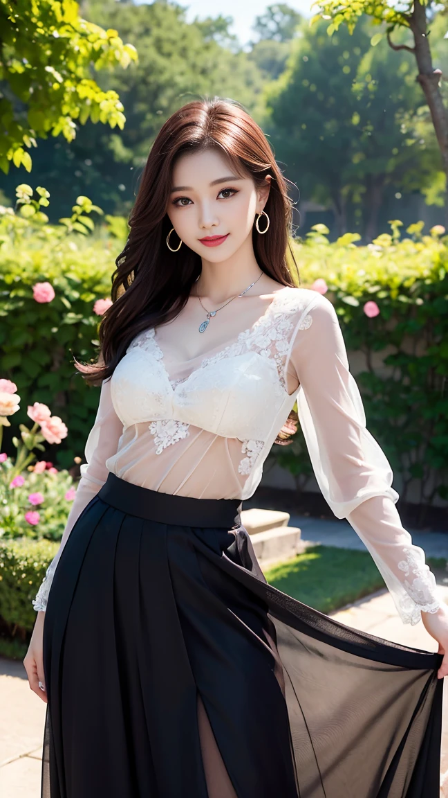 (Highest quality、 8k 、masterpiece、High resolution)、wallpaper、Young Woman、Ample breasts、Beautiful clavicle、Slender beauty、(Brown hair medium、My hair is blowing in the wind、Flows backwards)、whole body、 (Beautiful Face,Beautiful Eyes,Beautiful nose,Pretty lips)、(Flower Earrings、silver heart pendant necklace)、(Feminine Style、3/4 Sleeve Lace Blouse、Black see-through long skirt)、Her mouth opens slightly and a smile appears.、Dynamic pose、Outdoor、garden、Colorful flowers、looking at the camera、Professional Lighting、Professional photographer、