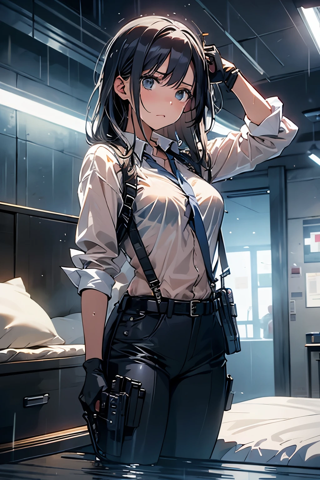 1 female, , high quality, masterpiece, Ultra-high resolution, , Cinema Lighting, , , And the suspenders with the cranes flying Large Breasts Small face holster Lying in bed Looking up Sweat belt summer 脇Sweat Black Hole Gloves suit shirt Black jacket Black trousers Leg Links ズボンにbelt holster Hands behind your back Anxious expression Looking up Anxious face, legs apart Armament Handgun handcuffs Cable ties レッグholster holster See-through clothing heavy rain Getting wet in the rain