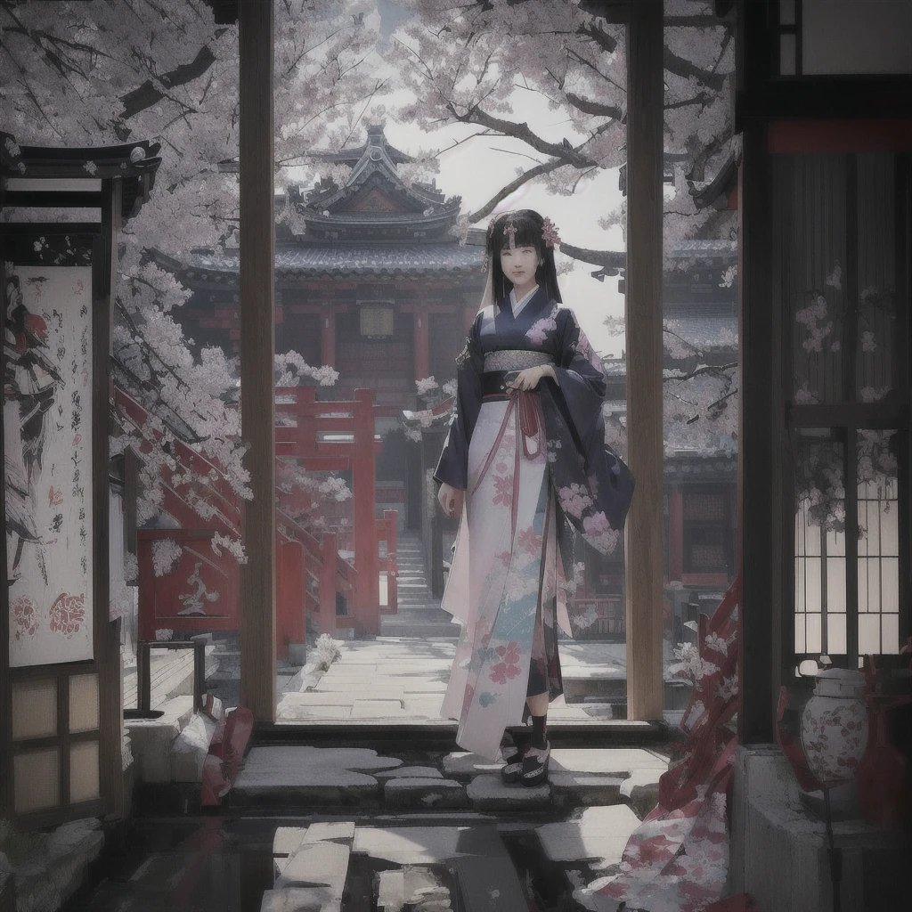 Anime-style scene with a woman in a kimono standing in a doorway, artwork in the style of Gwaiz, Gwaiz on pixiv artstation, Gwaiz on artstation pixiv, Gwaiz, Cyberpunk Japanese Temple, Jan J, Gwaiz masterpiece, Inspired by Chung Fenghua, palace , Girl in Han Dress