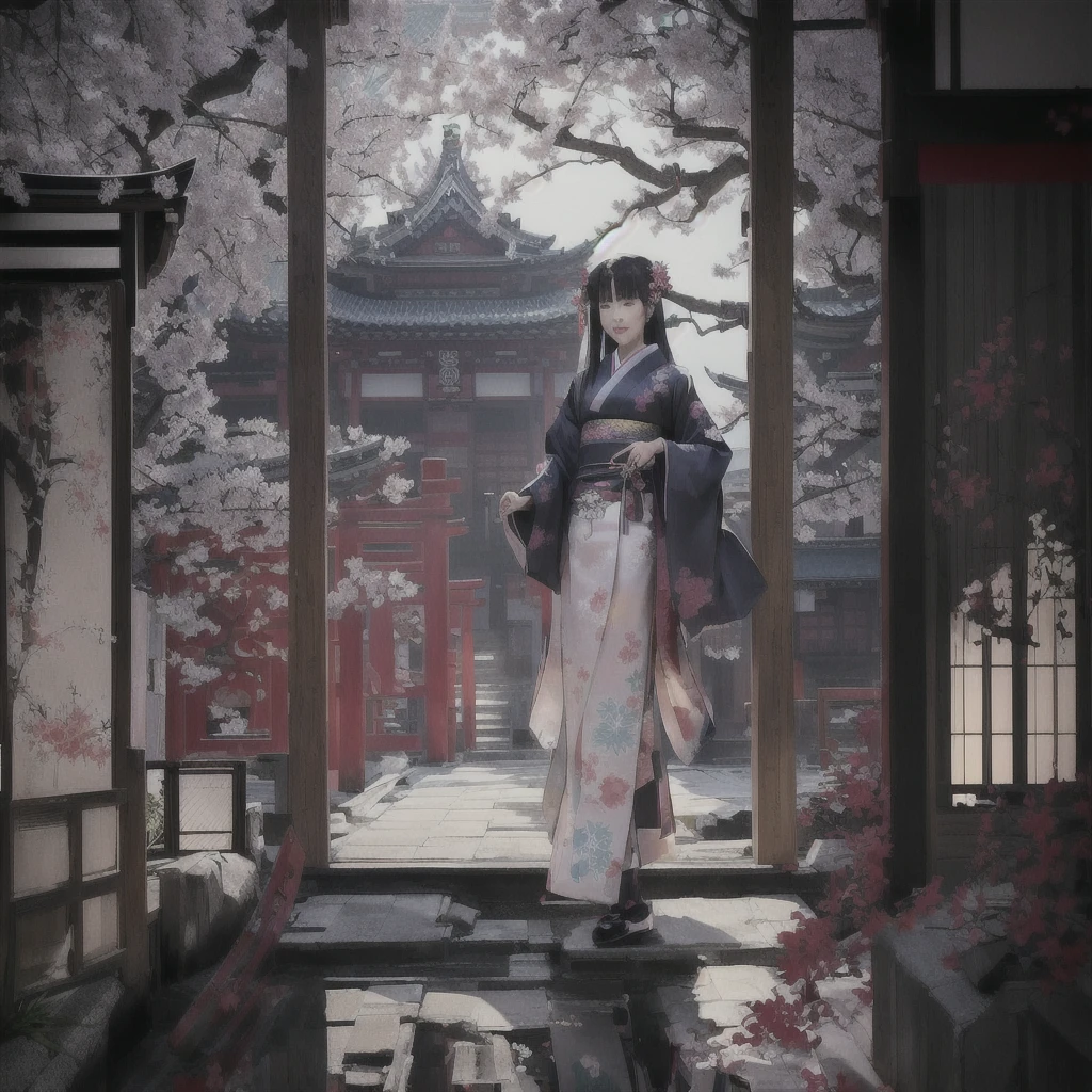 Anime-style scene with a woman in a kimono standing in a doorway, artwork in the style of Gwaiz, Gwaiz on pixiv artstation, Gwaiz on artstation pixiv, Gwaiz, Cyberpunk Japanese Temple, Jan J, Gwaiz masterpiece, Inspired by Chung Fenghua, palace , Girl in Han Dress