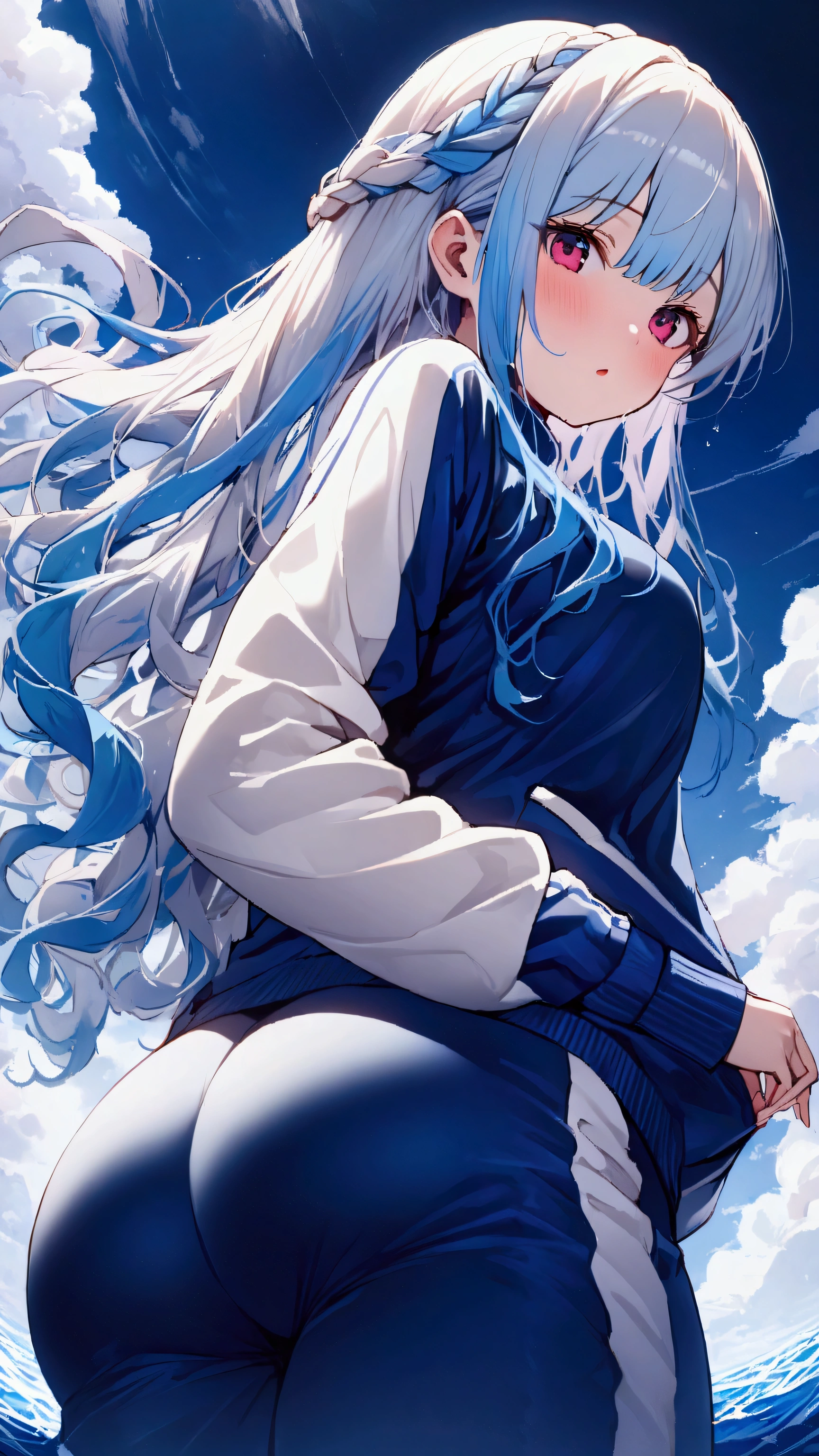 masterpiece, Highest quality, Ultra-high resolution, (beautiful girl: 1.3),Crown braid(((Her hair color is light blue.)))、Looks about 15 years old、 (Blue sweatpants:1.3), (The jacket is a blue track jacket..: 1.3), Enter the waterway、Wet、Focus on the very big things, Round and beautifully shaped butt、beautiful hair swaying in the wind,masterpiece, Highest quality, Ultra-high resolution, (beautiful girl: 1.3),,(((Her hair color is light blue.)))、Looks about 15 years old、 (Blue sweatpants:1.3), (The jacket is a blue track jacket..: 1.3), Enter the waterway、Wet、((Focus on the very big things, Round and beautifully shaped butt)),(((From below)))
