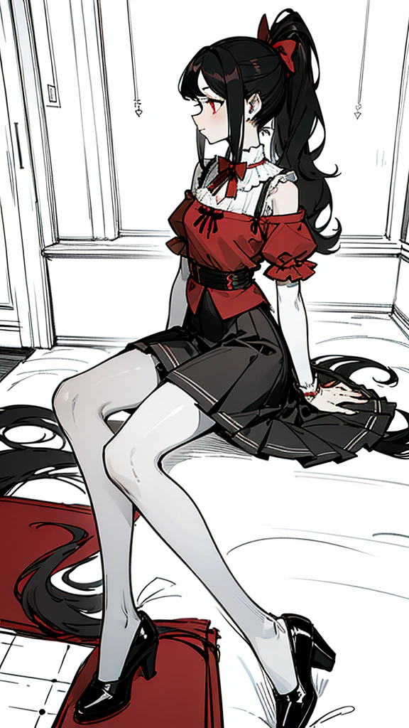 using pantimedies, wavy black hair, piercing look with deep red eyes, average stature, Silky hair with a ponytail hairstyle collected with a red bow with two white lines, with clothes, has a vagina, has breasts, cup of breasts, small breasts, slim, foreground, Session, sitting in her room, sitting on the floor of her room, wearing pantyhose, using pantimedies, Picardias, short skirt, shoes, blouse with straps 