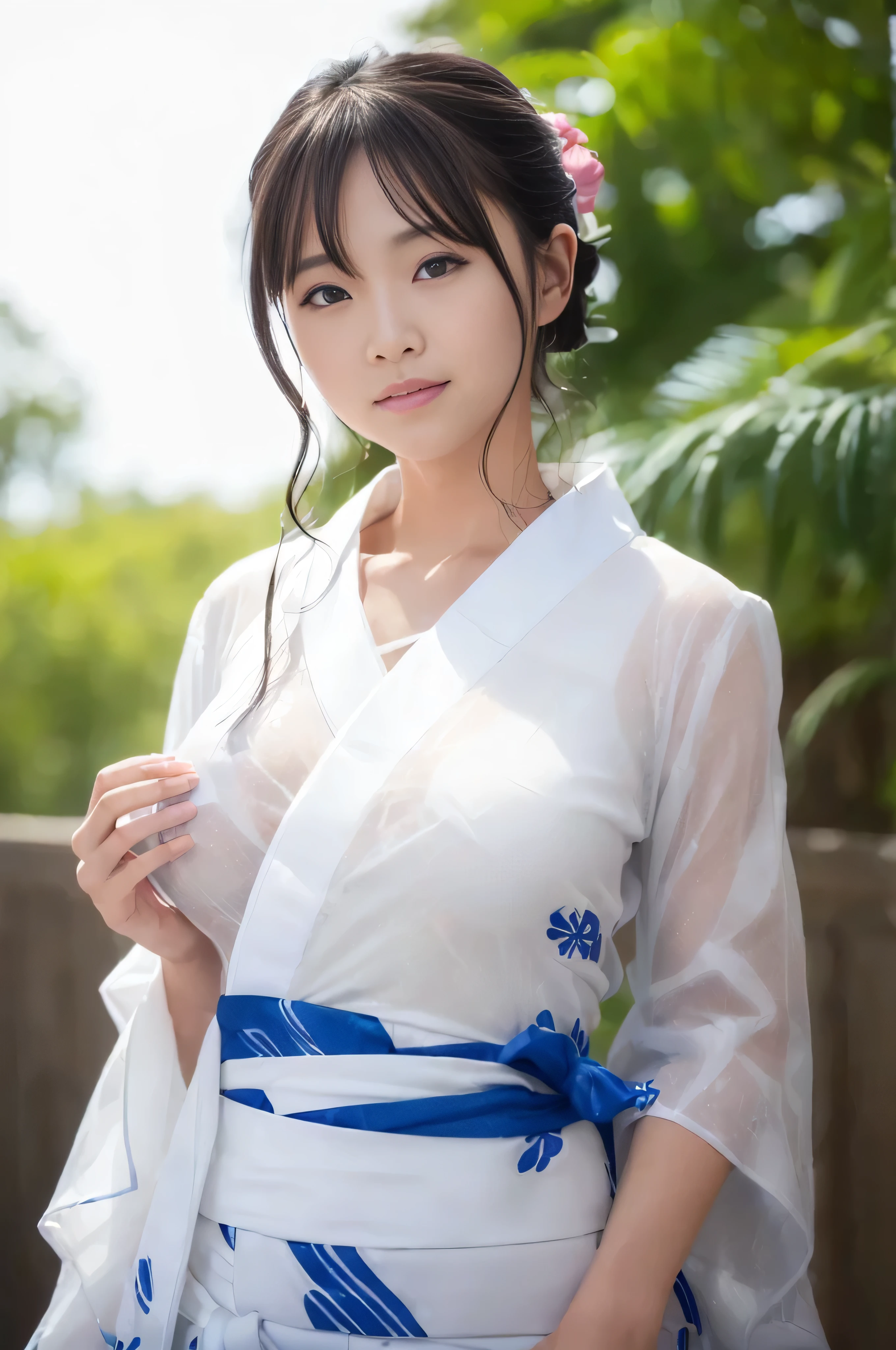 (((A white yukata made of thin, see-through fabric:1.4)))、(((Simple obi:1.4))), (())、Random Pause、(Highest quality,masterpiece:1.3,Ultra-high resolution,),(Very detailedな,Caustics),(Photorealistic:1.4,RAW shooting,)Ultra-Realistic Capture,Very detailed,High resolution 16K human skin closeup、 Natural skin texture、、Skin tone is even and healthy looking、 Use natural light and colour,1 girl,Japanese,cute,Black-haired,Medium Straight Hair, (((Huge bust:1.4))), (Chest protrusion:1.2), smile,,(Written boundary depth、chromatic aberration、、Wide range of lighting、Natural Shading、)、(Kimono with open front),