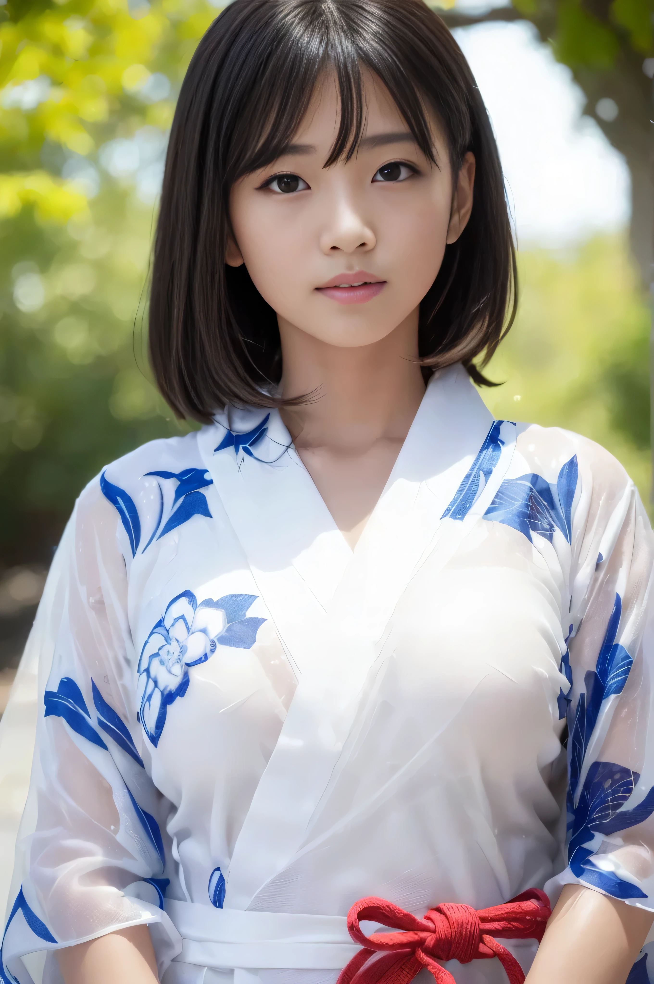 (((A white yukata made of thin, see-through fabric:1.4)))、(((Simple obi:1.4))), (())、Random Pause、(Highest quality,masterpiece:1.3,Ultra-high resolution,),(Very detailedな,Caustics),(Photorealistic:1.4,RAW shooting,)Ultra-Realistic Capture,Very detailed,High resolution 16K human skin closeup、 Natural skin texture、、Skin tone is even and healthy looking、 Use natural light and colour,1 girl,Japanese,cute,Black-haired,Medium Straight Hair, (((Huge bust:1.4))), (Chest protrusion:1.2), smile,,(Written boundary depth、chromatic aberration、、Wide range of lighting、Natural Shading、)、(Kimono with open front),