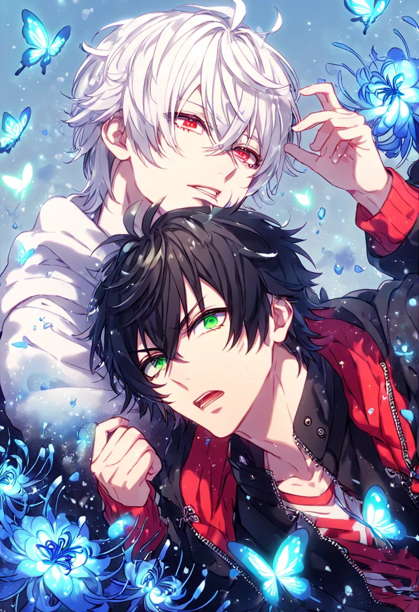 absurd resolution, high resolution, ultra detailed, detailed eyes, extremely detailed, HDR, 8K, Yamada Ichiro, chin length black hair, expressive green eyes, Hypnosis Mic, Aohitsugi Subaru, white hair, expressive red eyes, long eyelashes, black coat, varsity red jacket, white hoodie, two sexy men together, yaoi, gay couple, handsome, fantasy, cool, magical, blue glittering butterflies, blue dust flying around, blue spider lilies, blue petals, blue lanterns, icy, cold, blue blossoms, blue sky