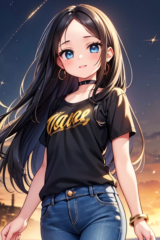 #基本
A girl is posing for a photo, ((One Girl)), (((Baby Face:1.2)) + ((cute:1.3))),
#A girl is posing for a photo, ((One Girl)), (((Baby Face)) + ((cute)) + 16 years old),
break
#Clothing Accessories
((Black T-shirt)) + ((Blue denim skinny pants)) + (Black High Heels) + (Black choker),
(Gold hoop earrings), (gold fancy bracelet),
break
#Features
((Black Hair)), ((Bangs that expose the forehead + The forehead is visible)), (Straight Hair : Long Hair + Thin Hair),
((Droopy eyes), blue eyes, (Big eyes:1.4)), (Small breasts),
break
#background environment
(noon, (sunlight shines, Resorts)),
#Facial Expression Pose
((smile)), ((Standing with an air of elegance)),
#composition
(Face the camera, (Focus from the front), (Cowboy Shot)),
break
#Body parts elements
(Slim figure),
(Detailed Hair, Beautiful Hair, Shiny Hair),
(double eyelid, Long eyelashes),
(Expression of fine eyes, Beautiful and delicate eyes, Sparkling eyes, Eye Reflexes, Glitter Eyeliner),
(Human Ear),
(Beautiful Nose, Thin Nose),
(Glossy Lips, Beautiful Lips, Thick lips, Glossy Lips, Natural Cheeks),
(Detailed face, Symmetrical facial features),
(Detailed skin, Textured skin, Beautiful Skin, Glowing Skin),
break
#Quality Image Quality Common
(((Highest quality)), ((masterpiece)), ((Very detailed))), ((Ultra-high resolution)), ((16K, 1080P)), ((FHD)),
(Anatomically correct), (Realistic), (3DCG), (oil),
#Quality image illustration
((comics, anime)), CG illustration,