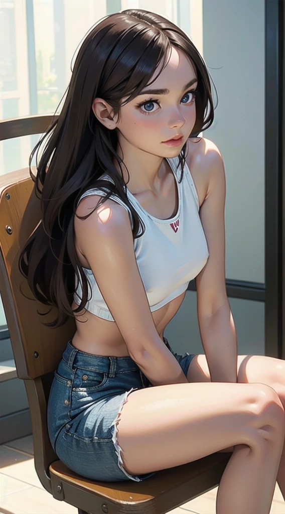 ((best quality)), (Portrait of 25yo woman, model, brown hair, ass, shorts, crop top, sitting on a chair, open legs, perfect eyebrow, perfect lips, perfect nose, professional color graded, wonderful woman, cute russian woman, sharp focus, long hair, natural skin, fit, sharp features, model, full body image, natural skin sharp feature (masterpiece)), (detailed), perfect face