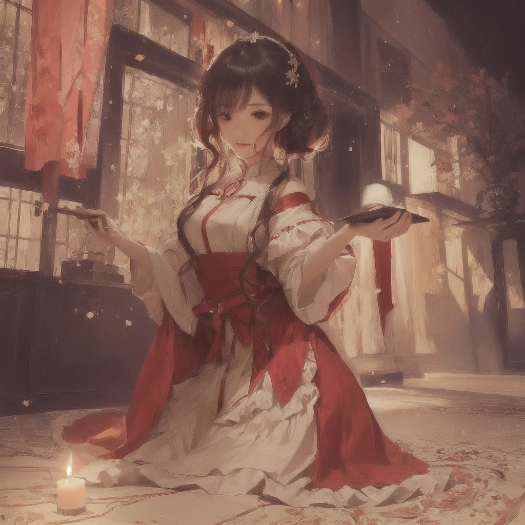 Anime girl in a red dress holding a candle in a room, Gwaiz on pixiv artstation, Gwaiz on artstation pixiv, Gwaiz, artstation pixivでトレンド, By Yuumei, Anime Style 4k, by Shimo, Beautiful anime artwork, artwork in the style of Gwaiz, Jan J