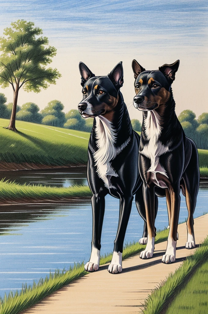Two dogs walking along the river bank. drawing