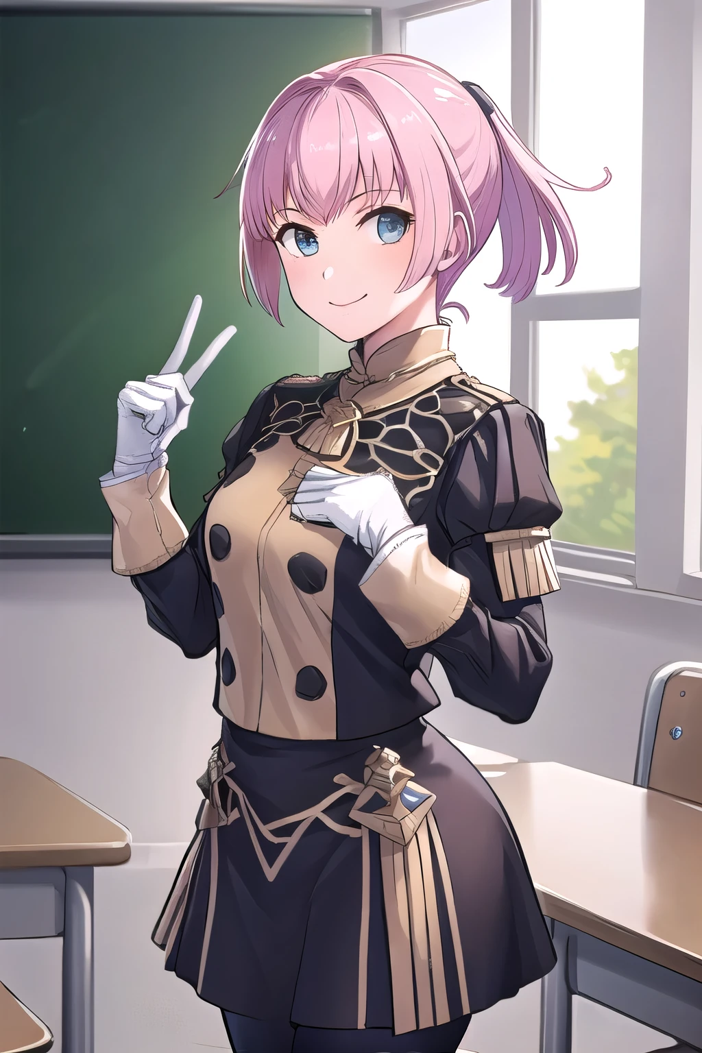 (masterpiece, Highest quality:1.2), Cowboy Shot, alone, One girl, Shiranui, smile, View your viewers, classroom, ponytail, , Pink Hair, White gloves