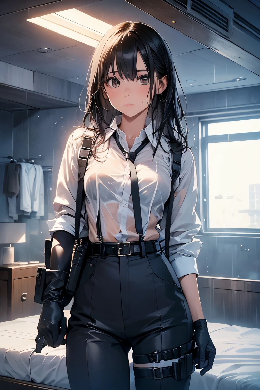 1 female, , high quality, masterpiece, Ultra-high resolution, , Cinema Lighting, , , And the suspenders with the cranes flying　　　Large Breasts　 　 　　　　Small face　 　　　holster　　　　　　　 Lying in bed　Looking up　　　　Sweat 　　　belt　summer　脇Sweat 　Black Hole Gloves　suit　shirt　　Black jacket　 Black trousers　Leg Links　ズボンにbelt　　holster　 　　Hands behind your back　 Anxious expression　Looking up　Anxious face, legs apart　Armament　Handgun　handcuffs　Cable ties　レッグholster　holster　See-through clothing　heavy rain　Getting wet in the rain