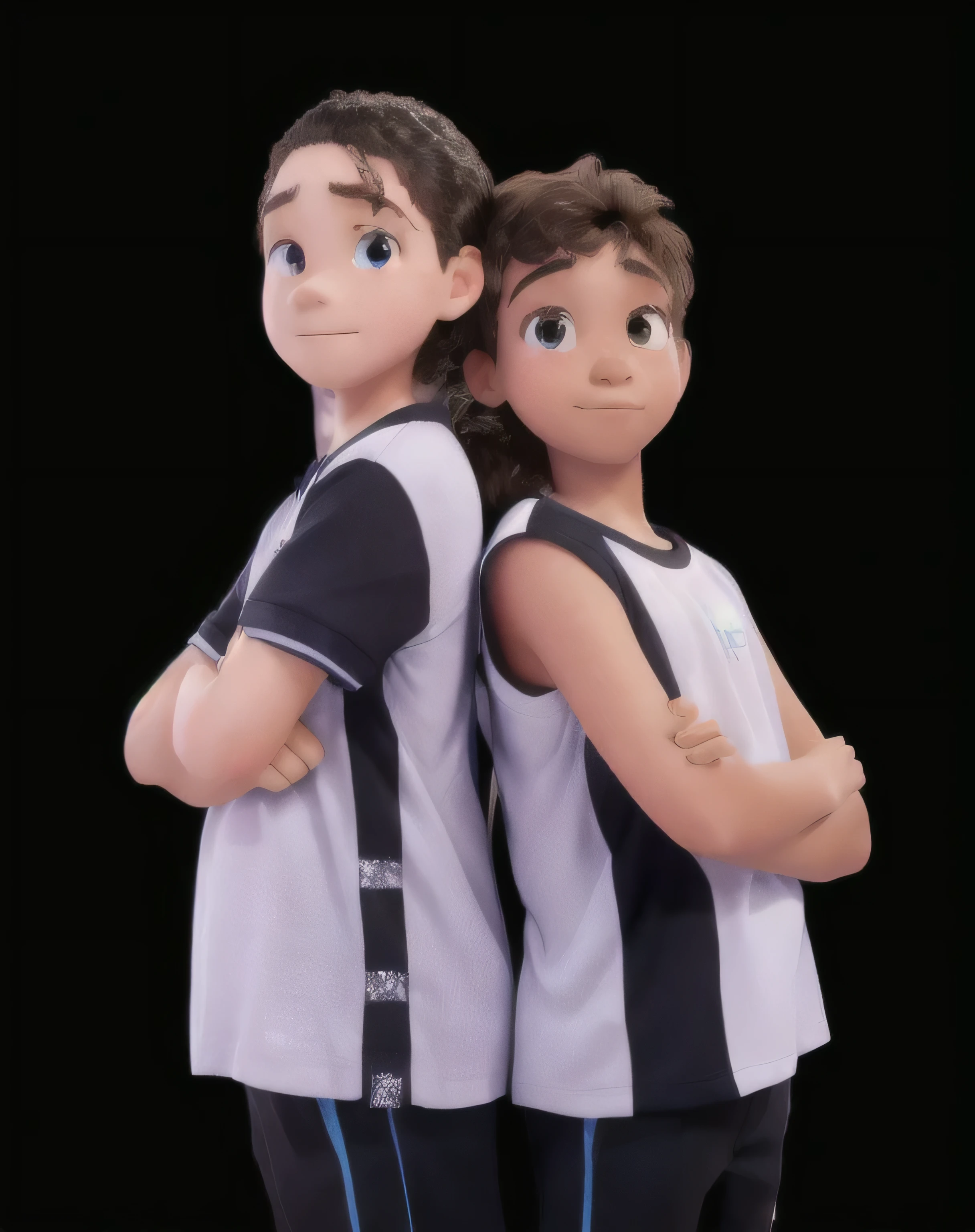 two children next to each other in front of a black background, Disney and Pixar style, Boy e girl, wearing a school football uniform, publicity photo, posing with arms crossed, by Almeida Júnior, imagem empilhada, e are the focus, on a dark background, sports clothes, wearing a volleyball shirt, head and shoulders photography, on black background