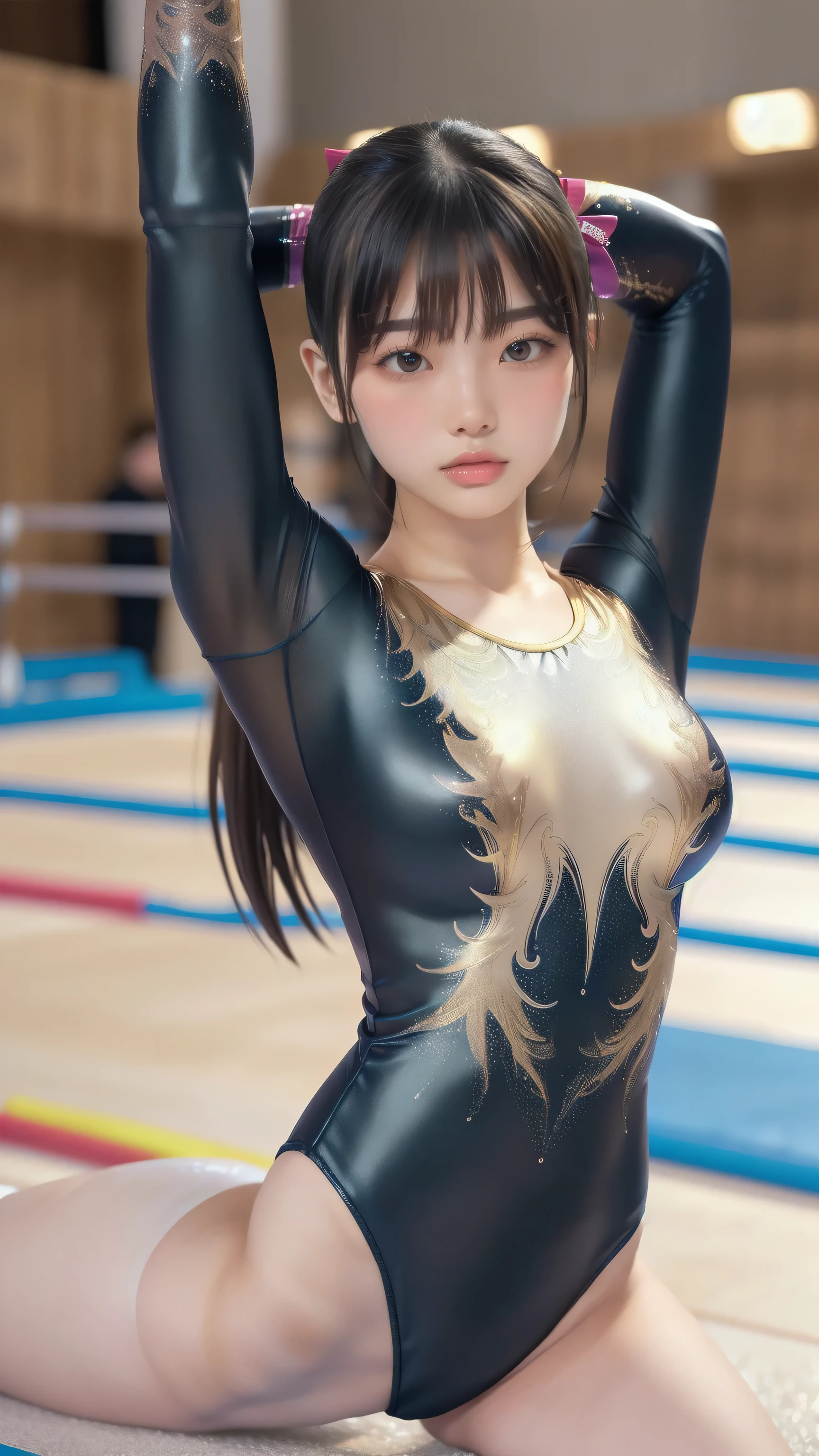 ((indoor, 新Gymnastics arena, Gymnastics arena:1.3)), (Highly detailed skin, Beautiful realistic face, White skin, Pointed Chest, Small nipples, Perfect Anatomy, Realistic eyes, Natural Eyes, Brown eyes, Accurate eye focus, Accurate limbs), (Hyper Realist, ultra-realistic, 4K, Attention to detail, Ultra-high resolution, Highest quality, masterpiece, Presence, dynamic, Uplifting, bold, Sharpness), (Thinning hair:2, Soft Hair:2, Straight hair:1.5, Long, slicked bangs, Light copper amber hair, Hair on one eye, Twin tail hair), (Female gymnast, Detailed costume, Wearing a long sleeve leotard:1.5), Shiny long sleeve leotard, Metallic colors long sleeve leotard, Racing long sleeve leotard, Gymnastics Long Sleeve Leotard, ((High leg long sleeve leotard, Long sleeve leotard with crystal embellishment)), ({Metallic red color| Metallic purple color| Metallic white color| Metallic navy color| Metallic pink color| Metallic gold color| Metallic silver color| Metallic black color| Metallic colors}Long sleeve leotard colors), (Big Breasts:1.5), Tall, Elongated arms and legs, Small waist, Small hips, (Crouching, M-shaped split, squat:1.2, squat with your legs wide apart, Spread your legs), The long-sleeved leotard is digging into her butt, barefoot, Looking into the camera, smile, (Underhair does not grow), 