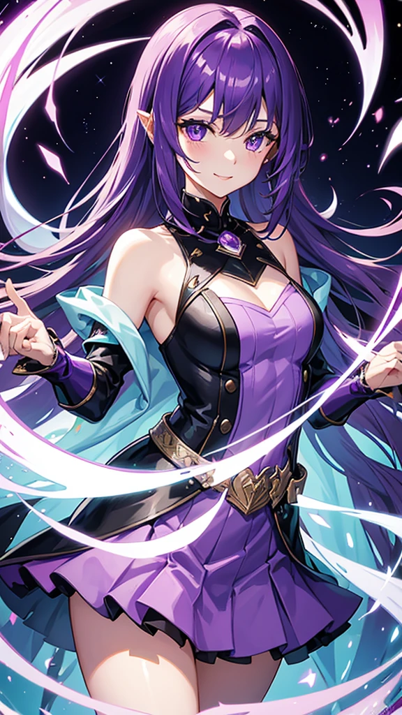 Magic Knight　Purple long hair　Sharp Eyes　A costume with a flashy design　Flashy decorations on clothes　mini skirt　Great style　A gentle smile　charisma　Sharp Eyes