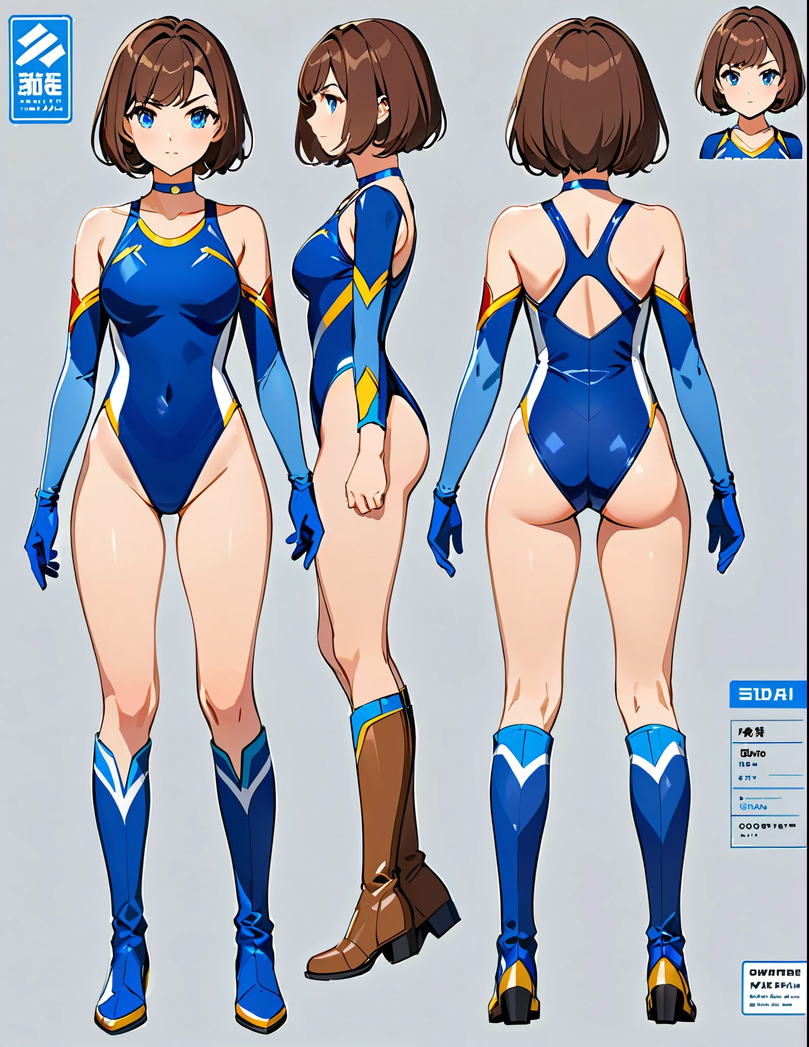 (masterpiece), (best quality), (high res), highly detailed, professional, 1girl, tall body, wonder, superhero, blue choker, blue eyes, blue footwear, blue gloves, matching boots, (blue leotard, competition swimsuit, elastic sleeves), medium breasts, brown hair, knee boots, short hair, bob hair, solo, determined, full body, college-age female, full body costume design. Simple background, Multiple Views, Character Sheet Full-Length, 