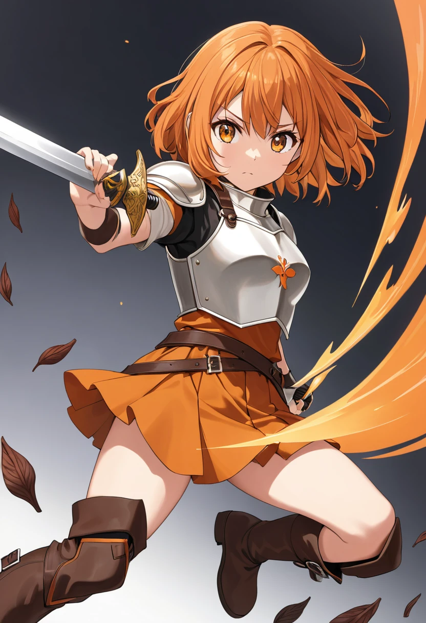 a girl with orange medium hair, holding a sword in her right hand, wearing a white breastplate, a brown mini skirt, and boots of clove dye color, with orange mild eyes, attempting to slash