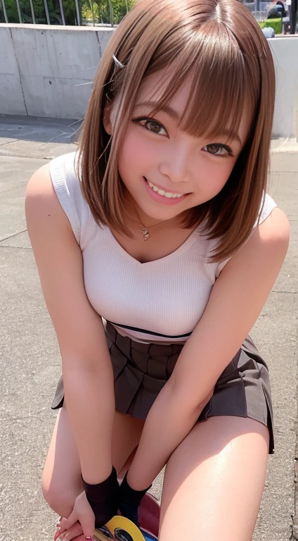 ((Skateboarding Wear、Skateboard Costume、Skateboard Uniforms、Sleeveless shirt、Pleated mini skirt with slit、Knee-high socks))、1 girl、Bob Hair、Brown Hair、Medium breast、smile、masterpiece:1.3、Raw photo、Highest quality、Skateboard Park、Detailed Background、Anatomically correct arms and legs、Anatomically correct fingers、
