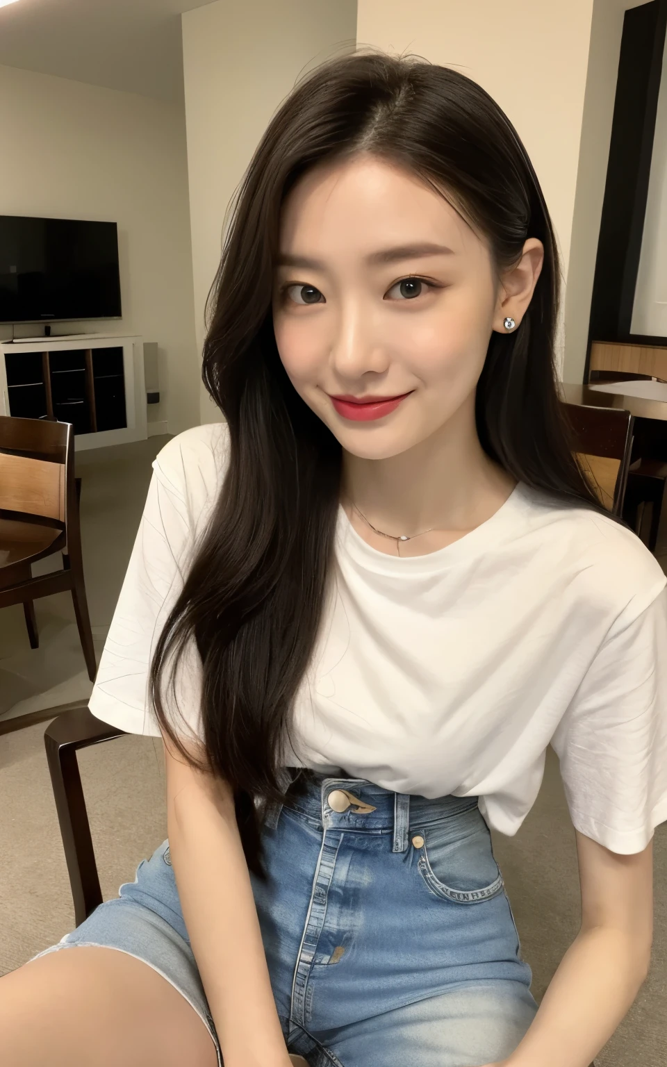 ((Highest quality, 8k, masterpiece :1.3)), Sit on a chair,front,smile, Sharp focus :1.2, Looks like Jennie from Black Pink :1.2,,Beautiful Japanese Women :1.4, Slim Abs :1.2, ((Black Hair, Long Hair :1.2)), (Modern cafe :1.1), Highly detailed face and skin texture, Detailed eyes, White T-shirt, Denim pants,Indoor scene,