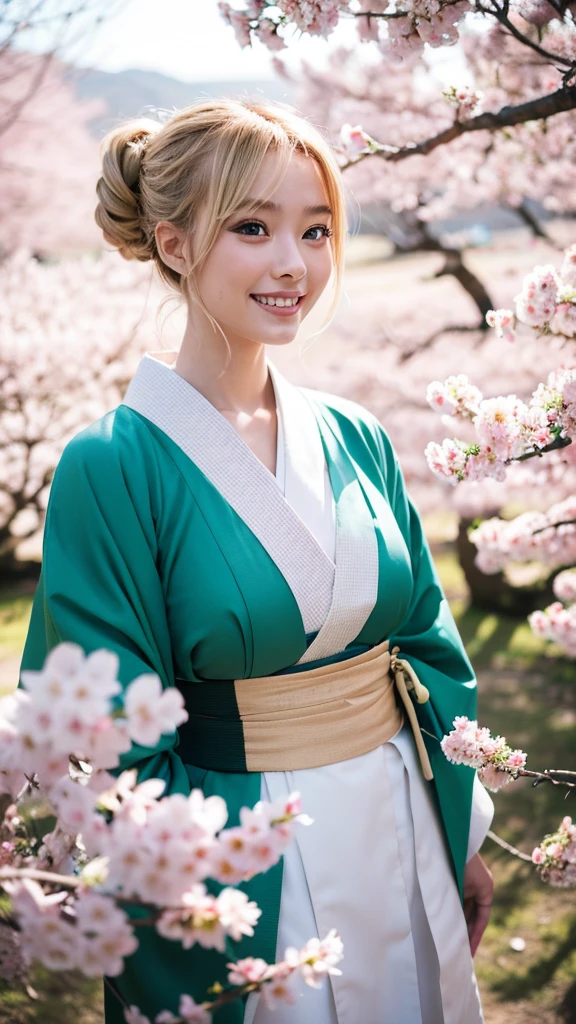 standing(1:3), messy bun,blonde hair,Highest quality,master piece,incredibly absurdres,high resolution,lens flare,dynamic angle,a girl, one girl,solo focus,alone,full body,perfect anatomy,8k,a girl, one girl,solo focus,alone,Japanese women,Age 25,smile,teeth,nice smile,Beautiful eyes,Model-like style,,Large Breasts,valley,Wearing green furisode,furisode,The background is a beautiful park with rows of cherry blossom trees.,a girl