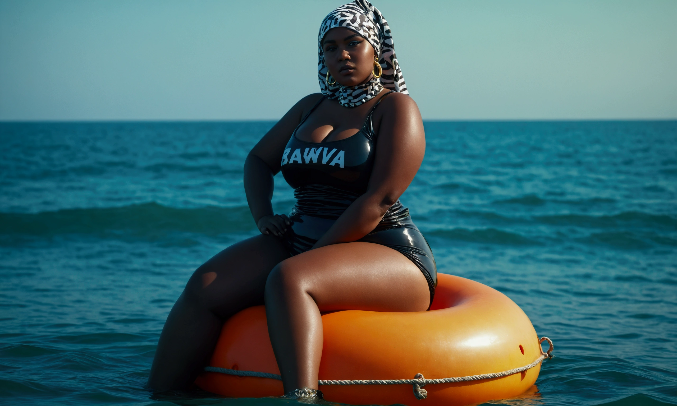 beautiful thick girl wearing a baclava posing on a buoy , in the ocean at a beach party, ghetto rap vibe, 4k realistic, close shot