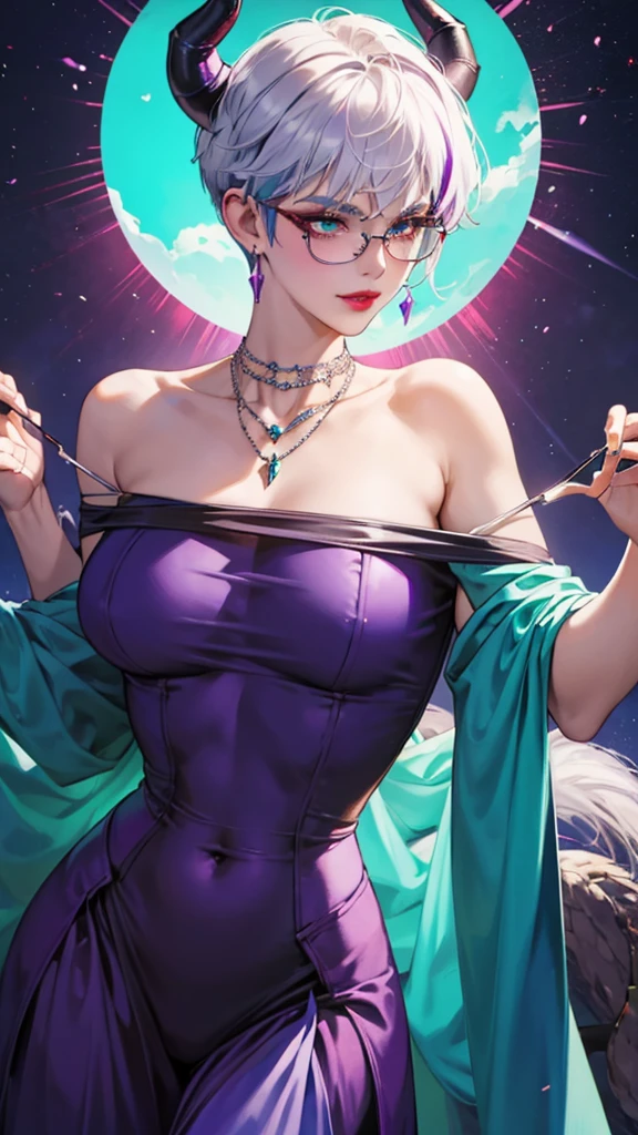 8k, masterpiece, best quality, highly detailed, 1 girl, tiefling, warlock, pixie cut, multicolored hair, very short straight hair green highlight hair on white hair, strippled hair, wearing glasses, round glasses, sexy, earrings, navel piercing, red eyeshadow, long eyelashes, blushed cheek, red lips, necklace, rings, collarbone, mole on face, glamorous, teal clothing, purple clothes, smirk, close up view, rings, looking at viewer, demon horns, solo, forest, blue pale moon, standing, royal dress, wearing crown, devil books, back toward viewer, looking over shoulder.