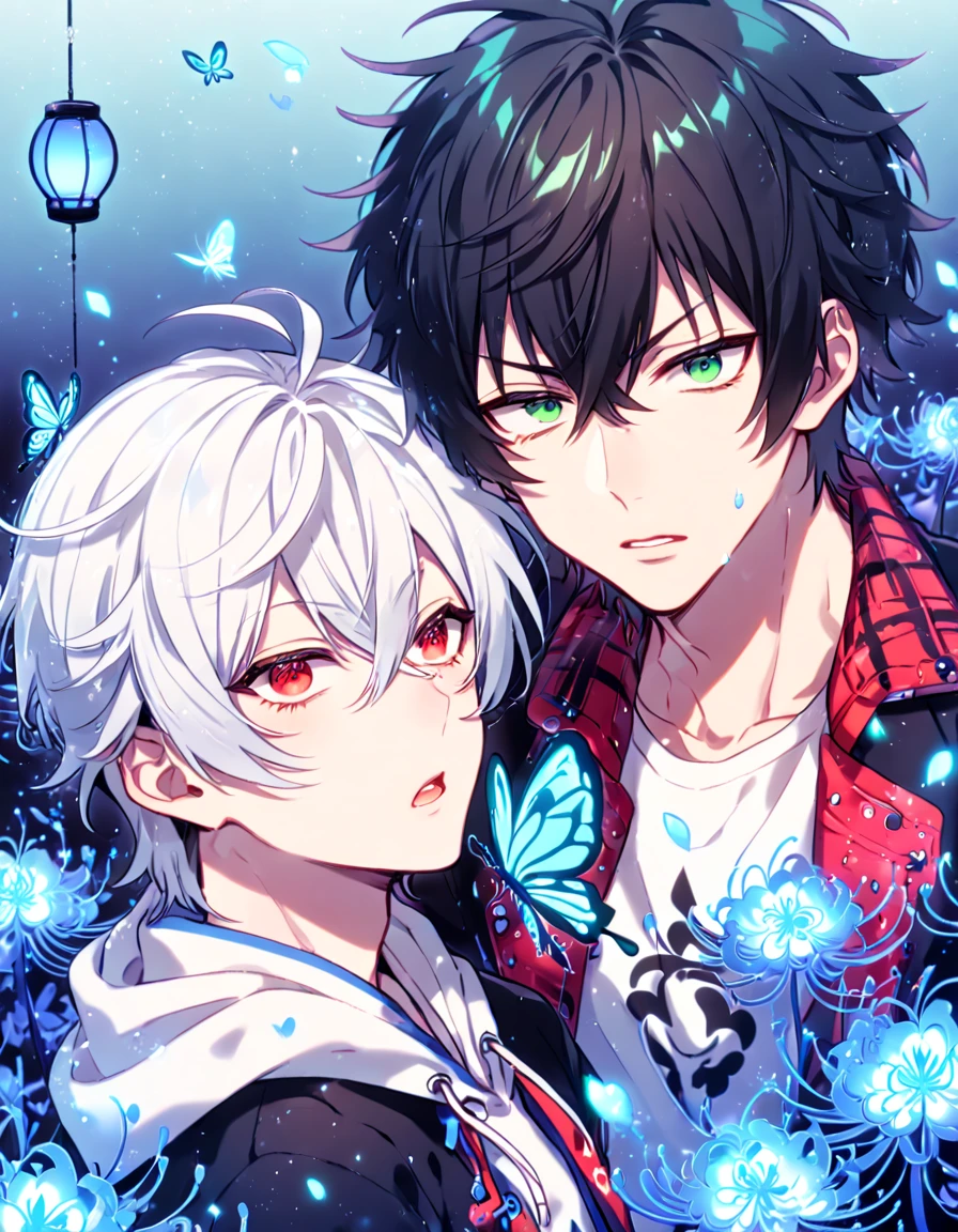 absurd resolution, high resolution, ultra detailed, detailed eyes, extremely detailed, HDR, 8K, Yamada Ichiro, chin length black hair, expressive green eyes, Hypnosis Mic, Aohitsugi Subaru, white hair, expressive red eyes, long eyelashes, black coat, varsity red jacket, white hoodie, two sexy men together, yaoi, gay couple, handsome, fantasy, cool, magical, blue glittering butterflies, blue dust flying around, blue spider lilies, blue petals, blue lanterns, icy, cold, blue blossoms, blue sky