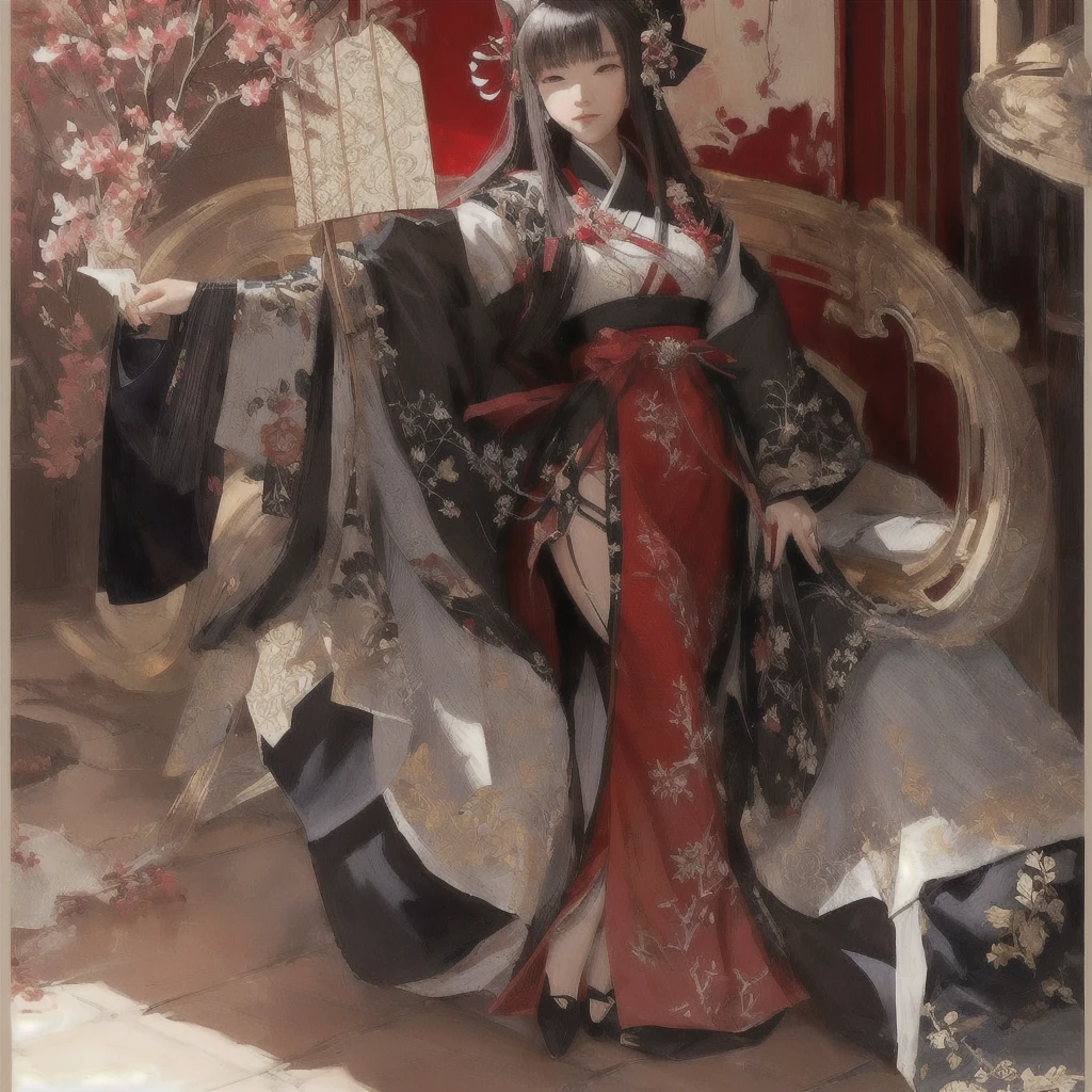 There is a woman wearing a red dress and hat and holding a fan., The Detailed Art of the Onmyoji, Gwaiz on Pixiv artstation, Pixiv contest winner, Zerochan Art, Gwaiz, digital art on Pixiv, Pixiv, Gwaiz on artstation Pixiv, palace ， Girl in Han Dress, trending on artstation Pixiv