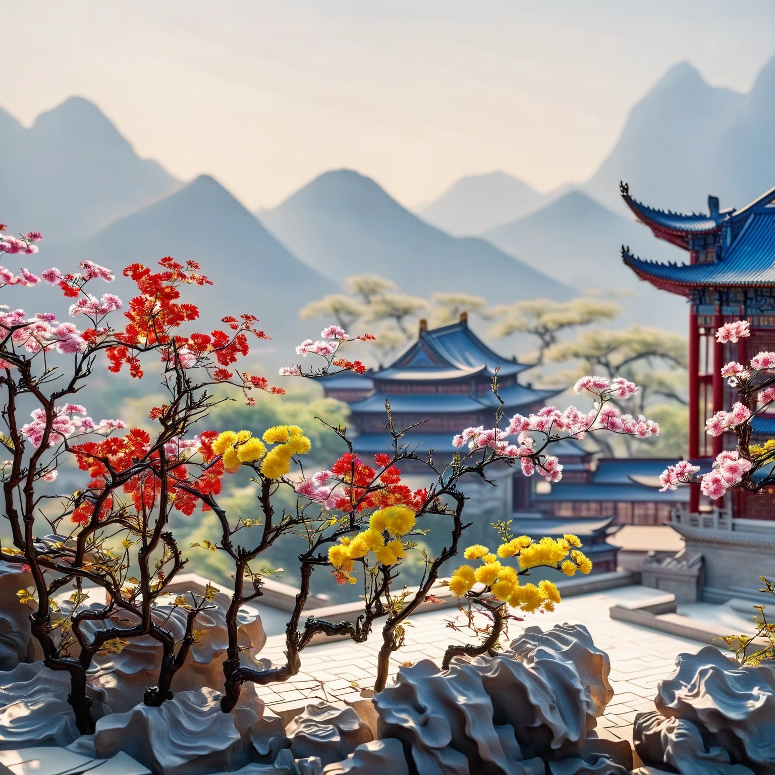(White background), (The art of math,ink:1.2), (Oriental elements, Chinese colors, Advanced color matching), (3D Sculpture,Octane Rendering,Volumetric Light,自然柔和的light), (Ultra-delicate:1.2, Loss of focus:1.2, colorful, light, Chiaroscuro,Ray Tracing), Mountain, river, Tree, Chinese Architecture ,flower