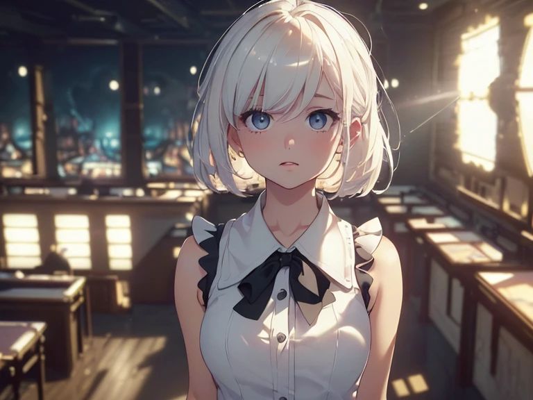 Highest quality, Ultra-high resolution, One Girl, sleeveless white button-up shirt, Black Skirt, cute,(Platinum Blonde Hair:1), ((Puffy eyes)), Show Viewer(Depth of Field HDR 8K 4K Wallpaper Cinematic Angle, Cinema Lighting,:1.5) (masterpiece, Highest quality:2.0),City Pop,Inside the cafe