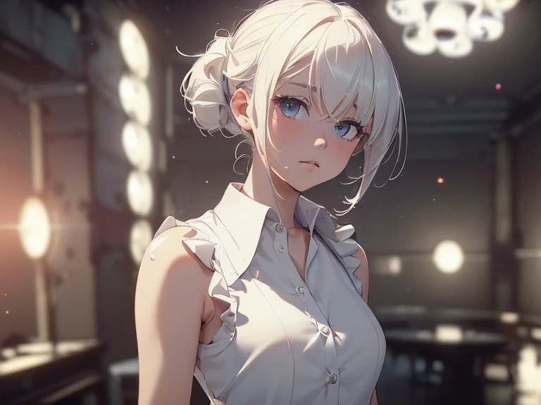 Highest quality, Ultra-high resolution, One Girl, sleeveless white button-up shirt, Black Skirt, cute,(Platinum Blonde Hair:1), ((Puffy eyes)), Show Viewer(Depth of Field HDR 8K 4K Wallpaper Cinematic Angle, Cinema Lighting,:1.5) (masterpiece, Highest quality:2.0),City Pop,Inside the cafe