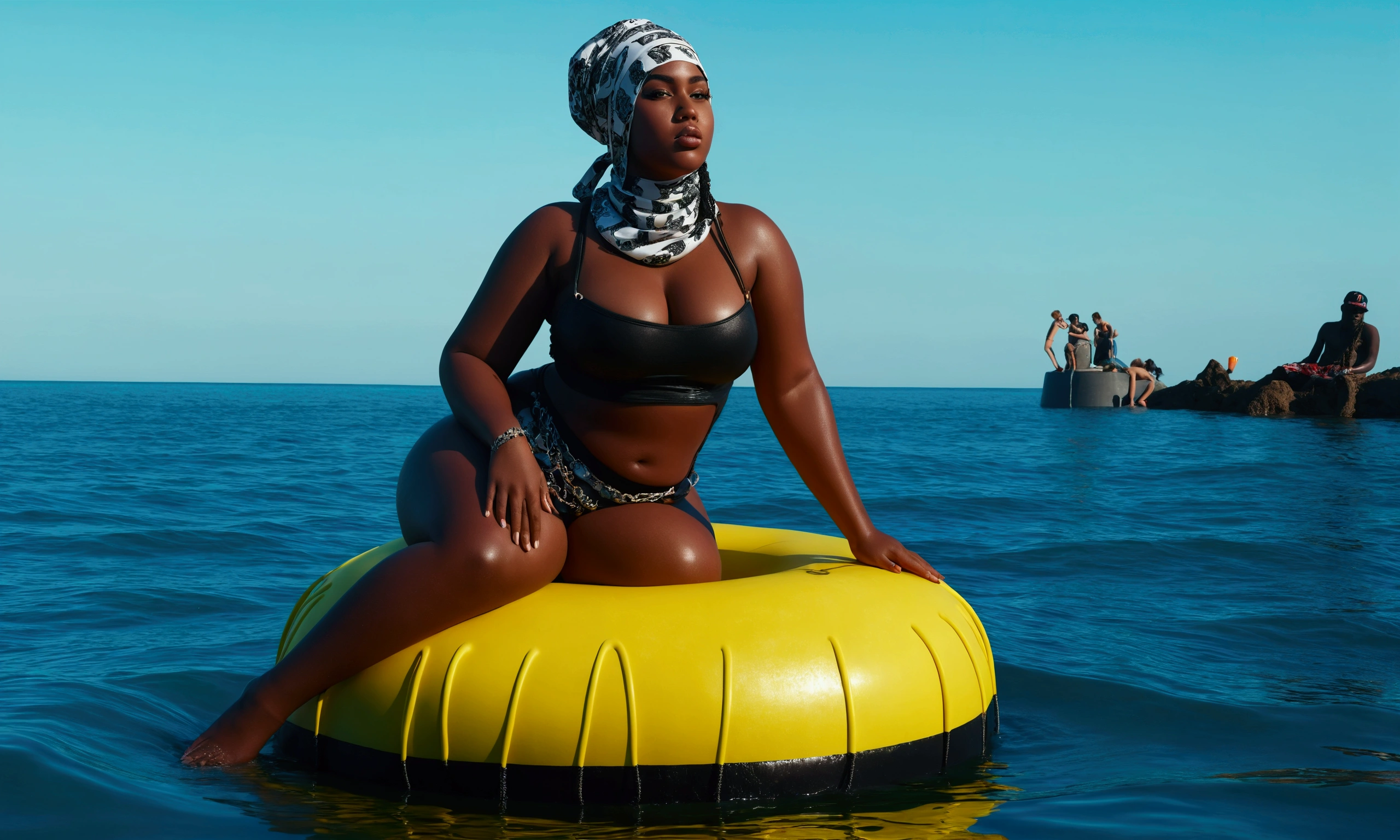 beautiful thick girl wearing a baclava posing on a buoy , in the ocean at a beach party, ghetto rap vibe, 4k realistic, close shot