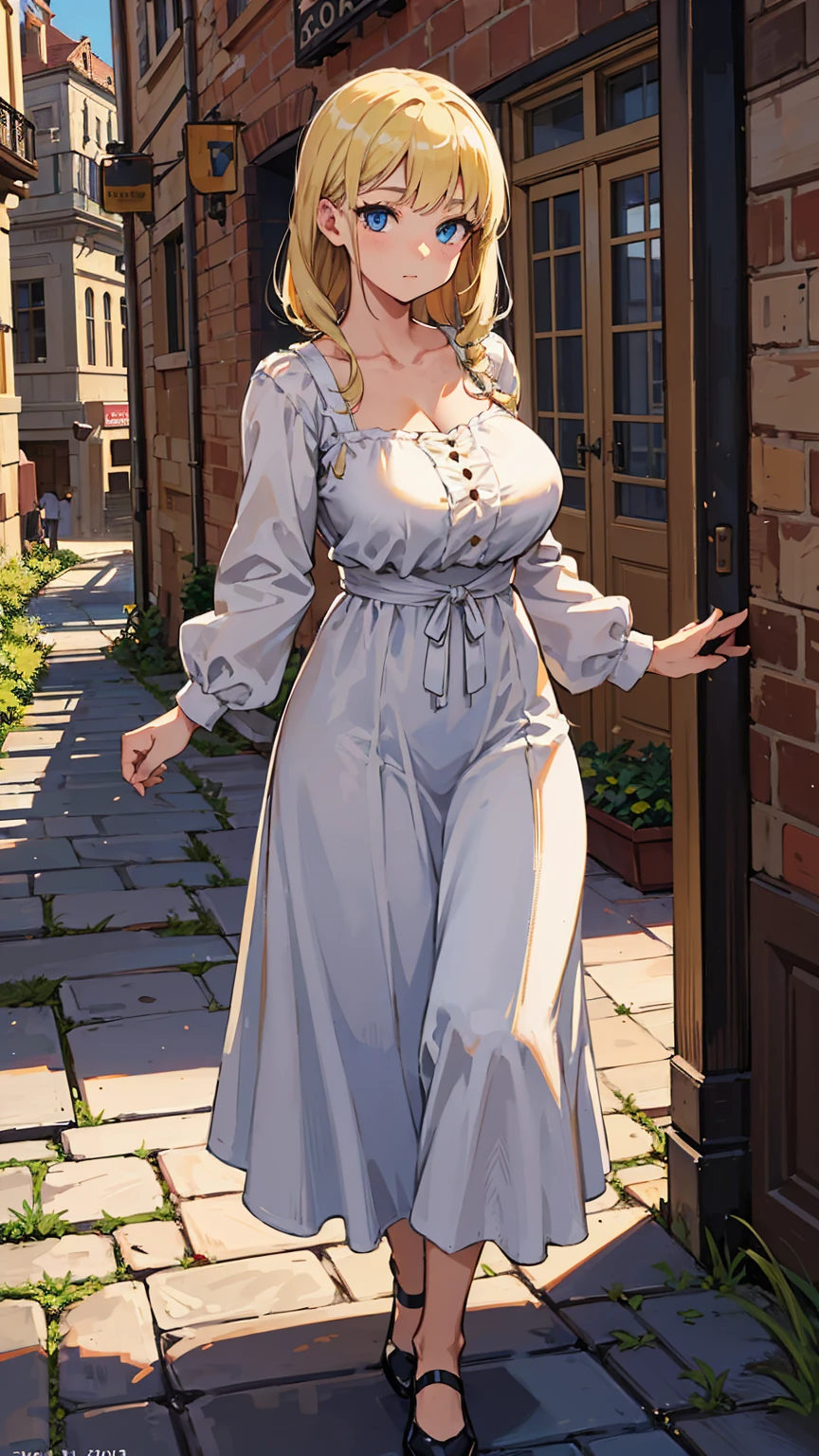 Highest quality, masterpiece, Intricate details,, Super detailed, old fashioned young woman, Wearing a peasant dress, No neckline, Blonde, Perfect details and blue eyes, Walking around the old town, HD quality, 8k, young woman, 20-year-old,Large Breasts