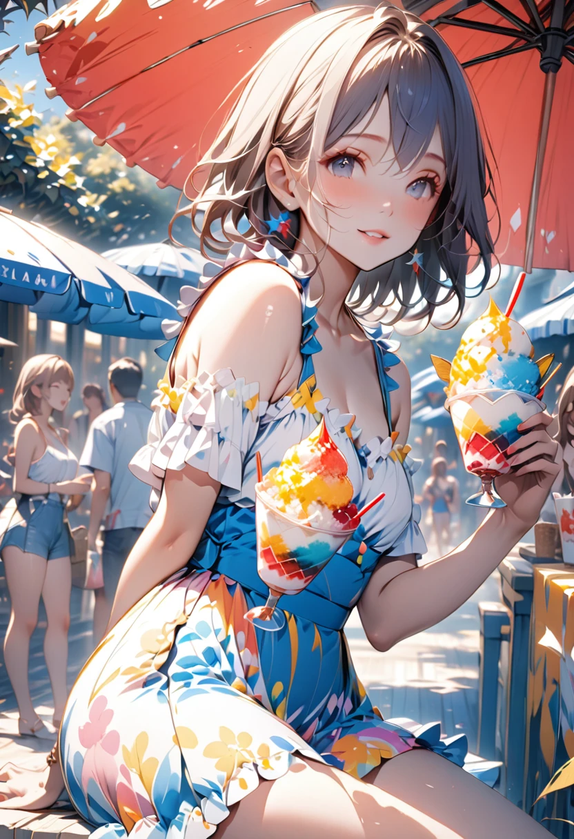 STAR15 Mod, (masterpiece), (Highest quality), (Very detailed), (Best illustrations),Direct sunlight,parasol,ice cream,shaved ice