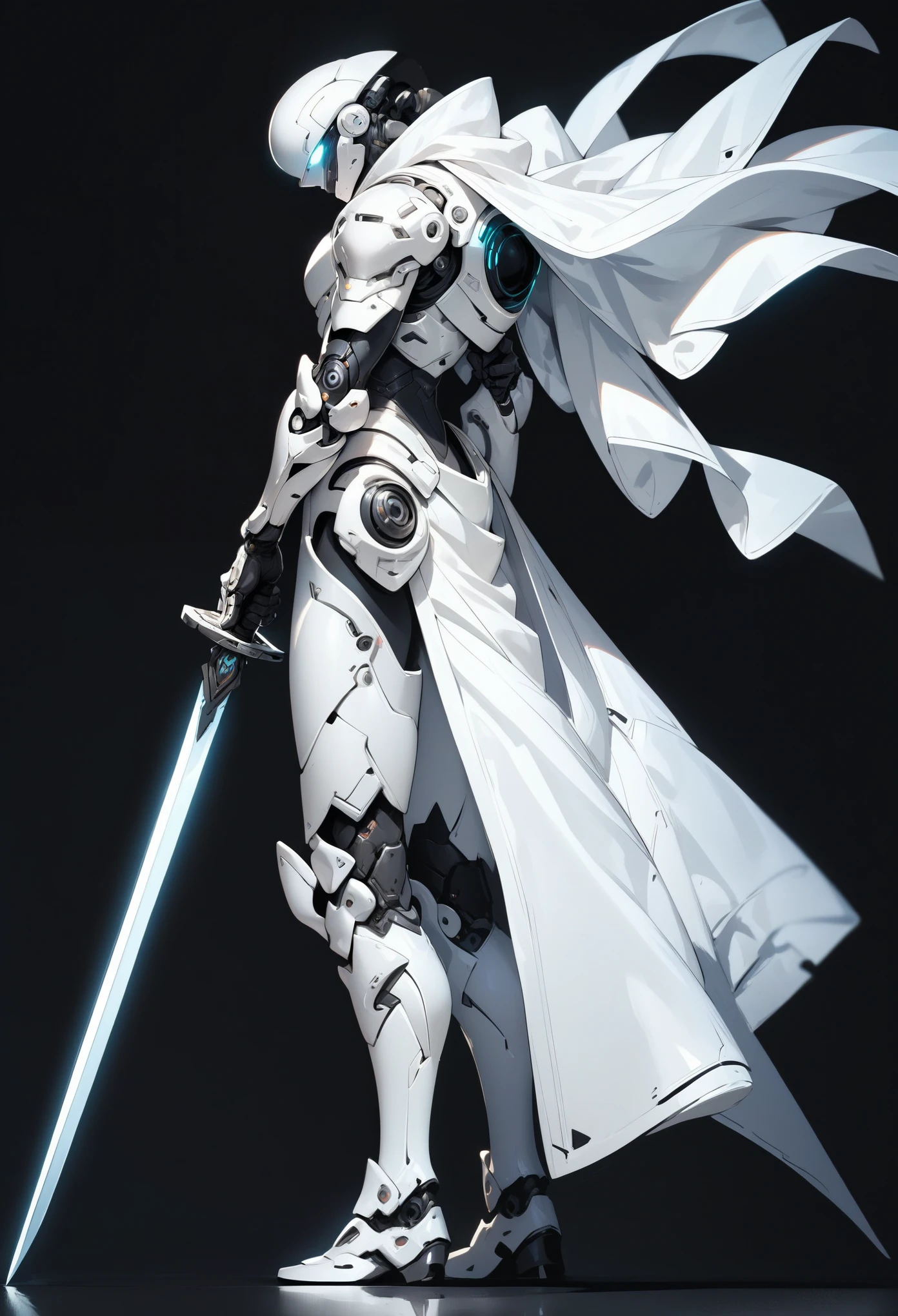 1 boy, alone, profile, plain background, white armor, white glowing eyes, full body, light armor, white hair, cyberpunk, sword pointing at the ground, white cape, holding a sword stuck in the ground, sword with white and black engravings, black background, full white armor, white futuristic helmet, standing pose leaning on the sword, tight armor, dark aura, white mechanical arm, side view