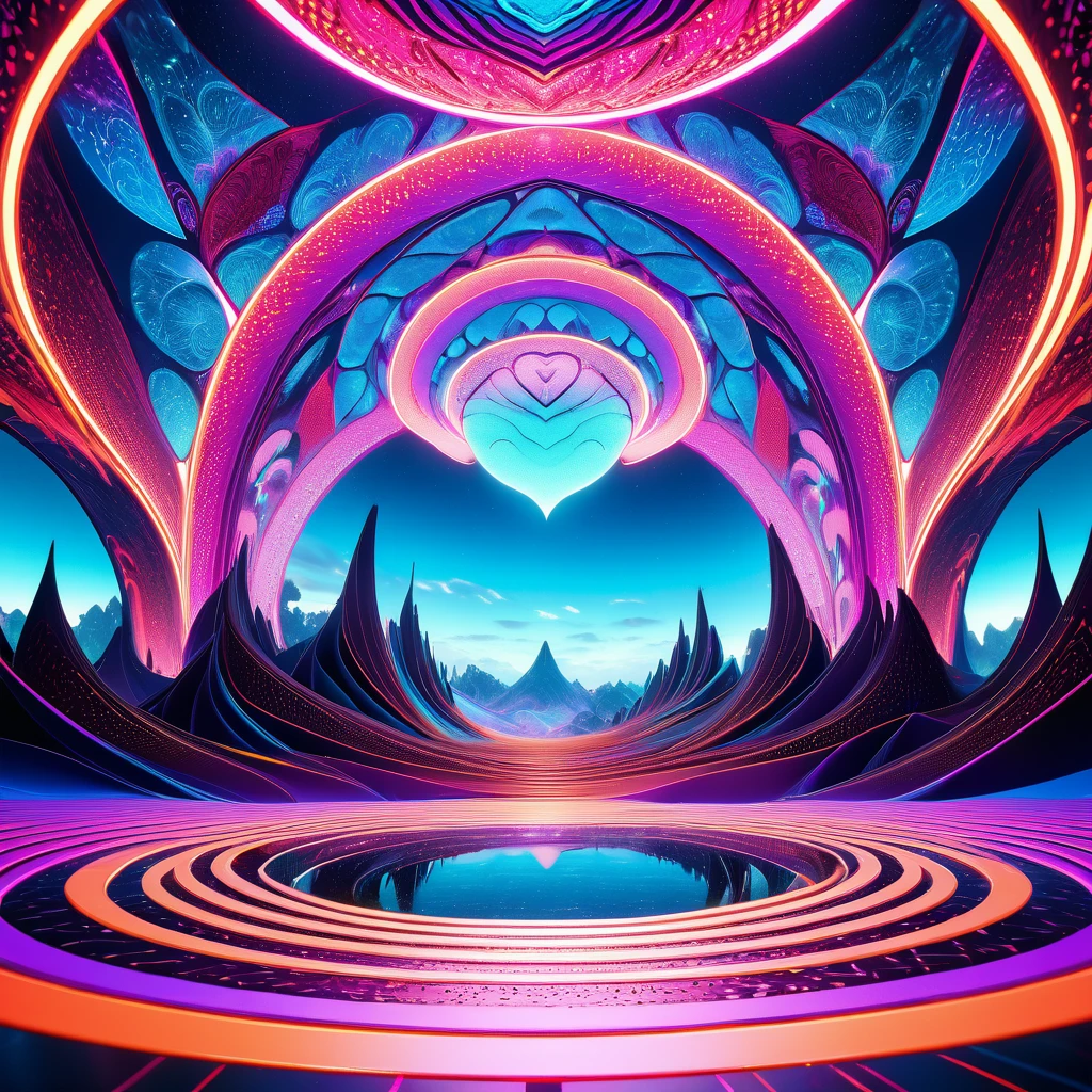 3d abstract background, bright vibrant colors, neon gradient, dynamic flowing shapes, mesmerizing patterns, hypnotic geometry, otherworldly landscape, psychedelic dreamscape, procedurally generated, volumetric lighting, photorealistic rendering, high resolution, intricate details, cinematic composition, mesmerizing atmosphere, sense of depth and scale