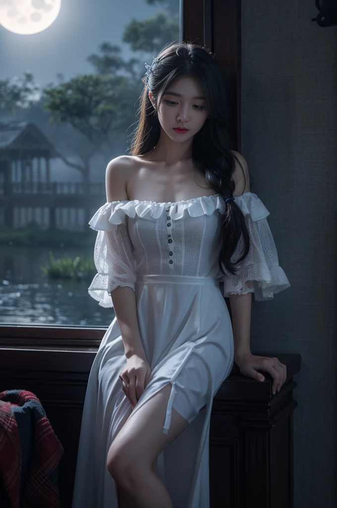  Deep in Wonderland，1girl, Moonlight falls like water，Foggy Room，The heroine&#39;s figure is vaguely visible，Like a fairy in a painting，Slender sexy legs，Very beautiful legs，((Large Breasts，Visible cleavage, E cup))，美丽而又带着一丝mystery的色彩。Her face is beautiful and delicate，Showing extraordinary beauty。Twinkling Stars，Show the light of perseverance and wisdom。The bridge of the nose is straight，Cherry lip color，The slightly upturned corners of the mouth reveal confidence and calmness。Clearly defined face，Skin like jade，Reveal healthy glow，Just like fairies, Her makeup is light and delicate，No excessive embellishment，Show her temperament and charm。Light foundation highlights the translucence of the skin，A light eyebrow pencil outlines her perfect eyebrow shape，Eye makeup is eye shadow and eyeliner，Make her eyes brighter、Energetic。嘴唇涂上grace的口红，Add a touch of charm and sophistication。Clothes fluttering。Hair tied haphazardly behind the head，Secure with a jade hairpin，A few strands of hair fluttering gently in the wind，Add a touch of softness。Beautiful landscape，Attracted everyone&#39;s attention。Large Breasts美丽、grace、mystery、Full of power。