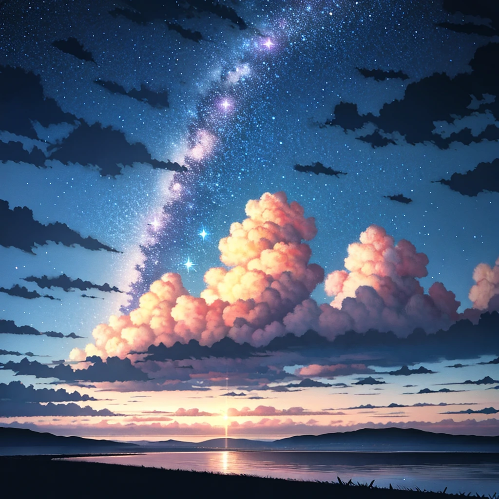 masterpiece, best quality, landscape, no humans, sadness, oil painting \(medium\) fake sky, multiple fake stars falling from sky, floating star shape falling down