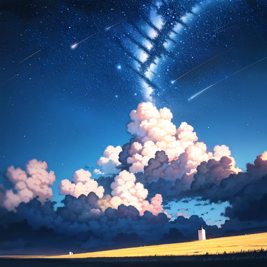 masterpiece, best quality, landscape, no humans, sadness, oil painting \(medium\) fake sky, multiple fake stars falling from sky, floating star shape falling down