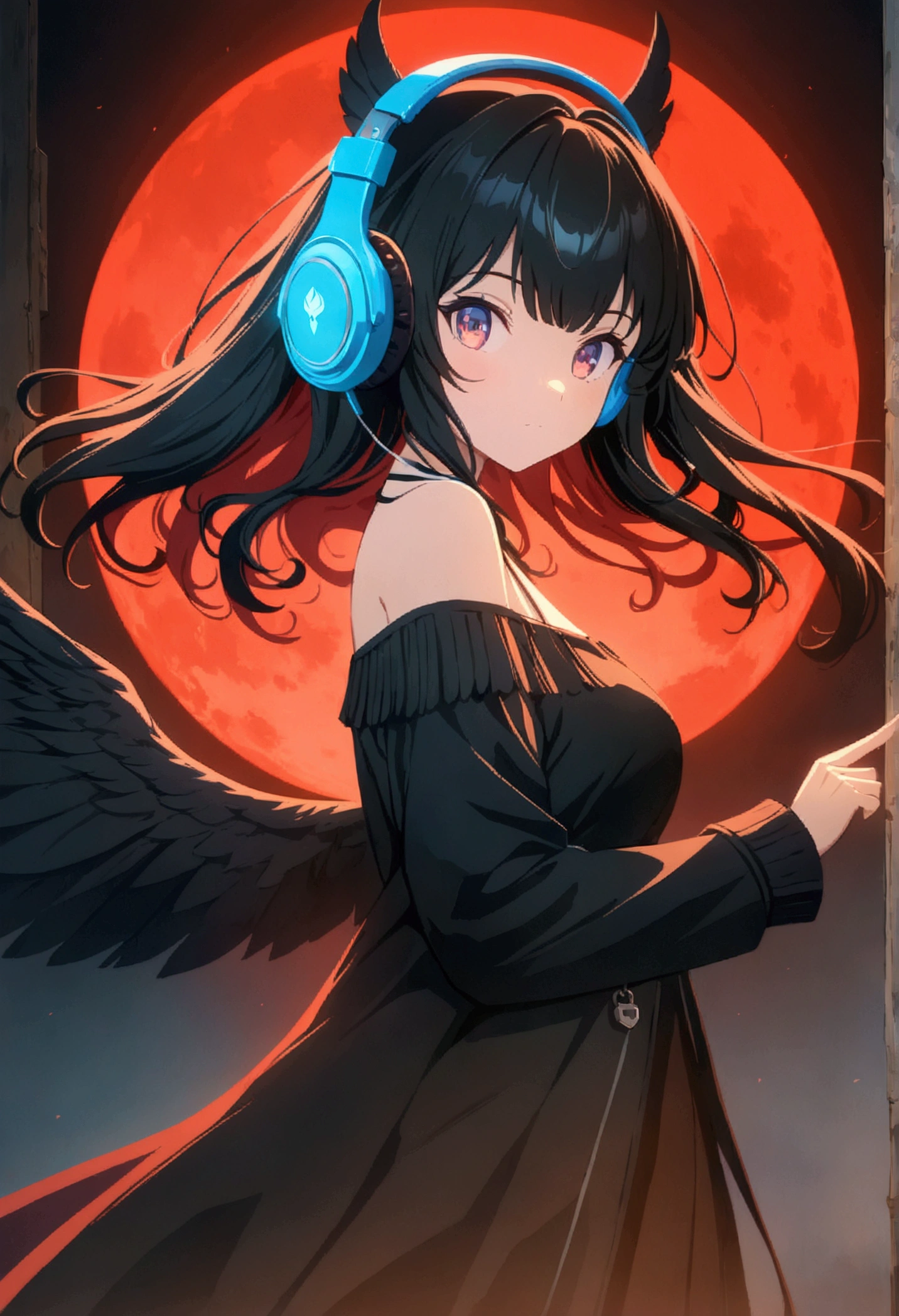 4k anime wallpaper, 4k anime wallpaper, Anime Art Wallpapers 8K, 4K Anime Style, anime art wallpaper 4k, anime art wallpaper 4k, 4k anime wallpaper, Eugeo Art, Detailed digital anime art, ((masterpiece, Highest quality)), (Complex Light), Perfect hands, Normal finger, Hyper Detail, Bright colors.Fantasy cartoon style devil girl, Silver Hair, short, Headphones, Half wearing a black long coat, Off the shoulder, Black wings, Lock, Red Moon, Paintings from another world.